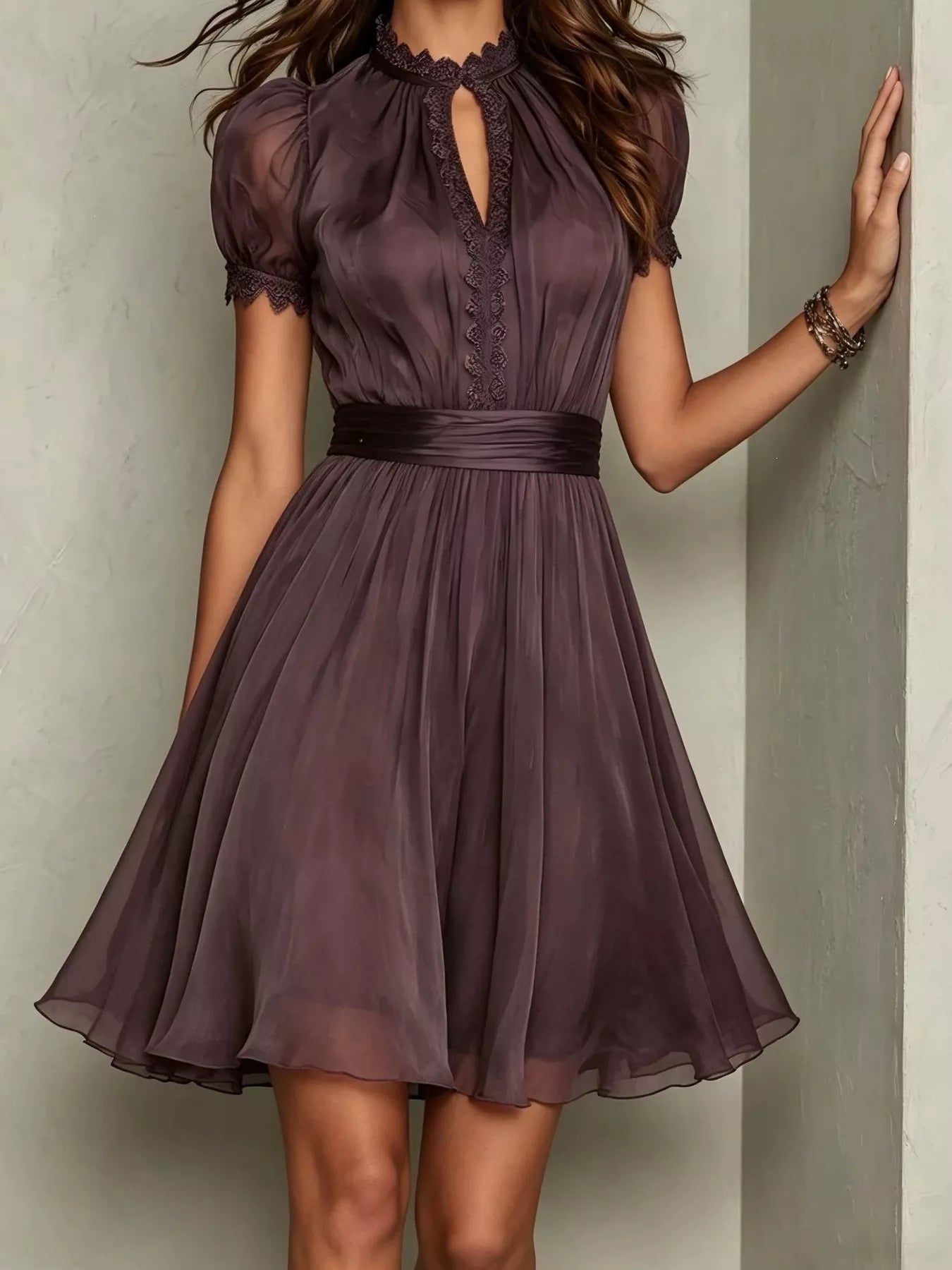 Lace-trim puff-sleeve A-line dress