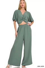 Trendsi Zenana Woven Airflow Twisted Top & Wide Leg Pants Set -