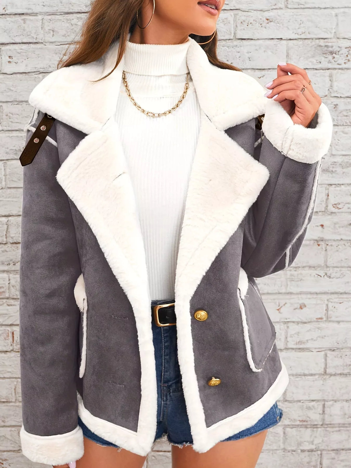 Gray plush-lined button-front jacket — front view