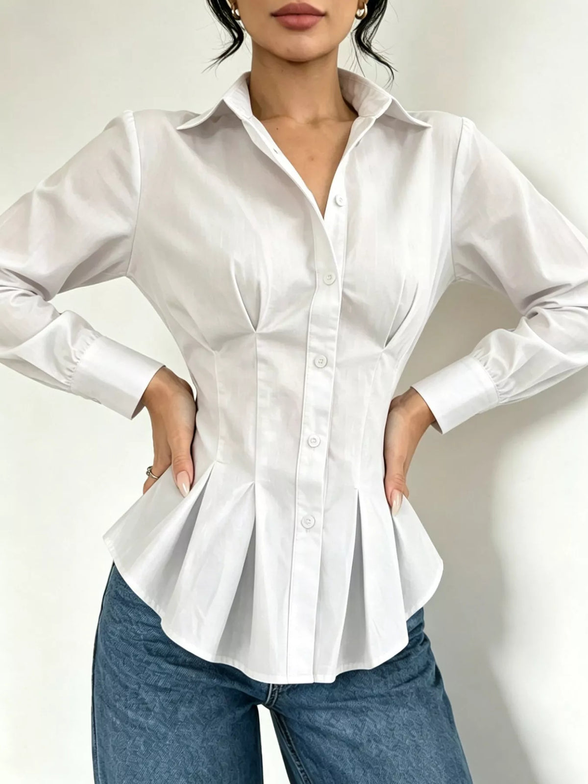 Button-Down Peplum Blouse with Fitted Waist, front view