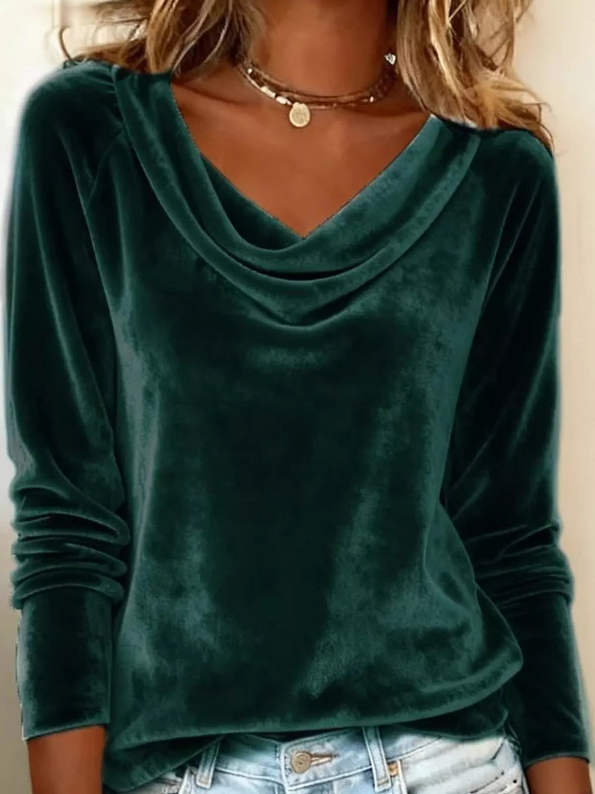 Green velvet cowl neck long sleeve t shirt, front view