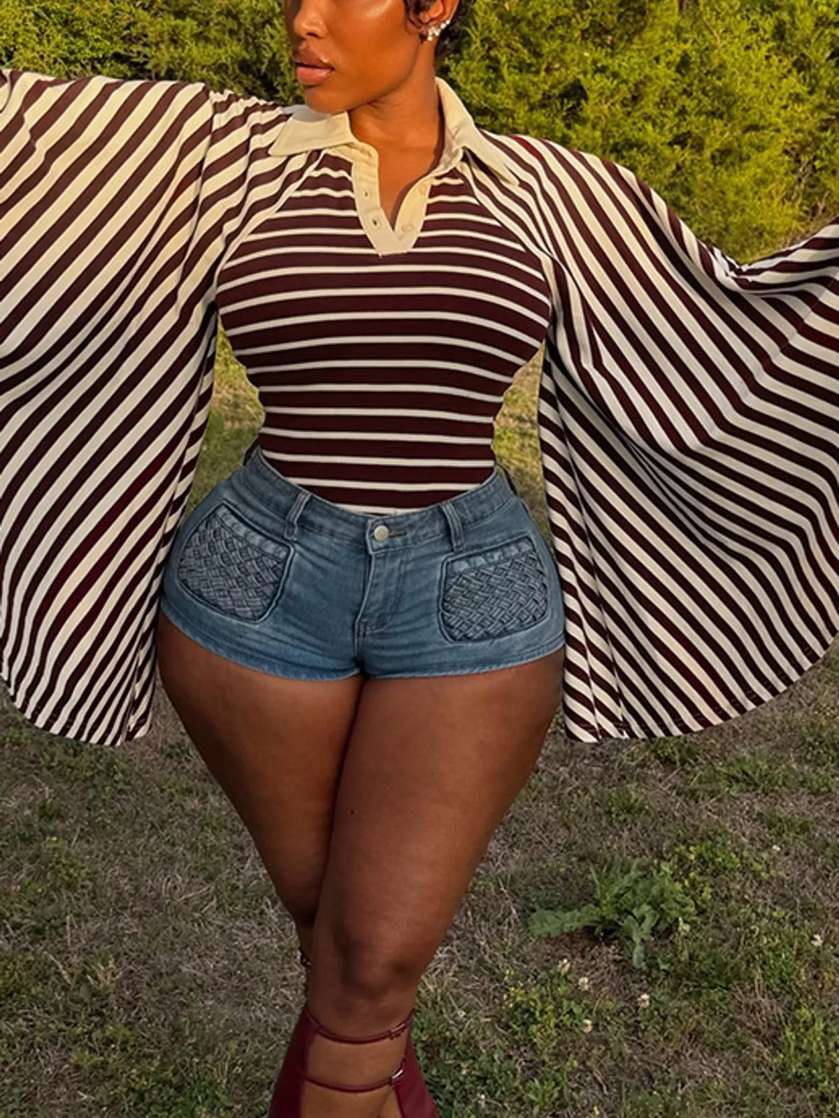 Collared long sleeve top, front view on model