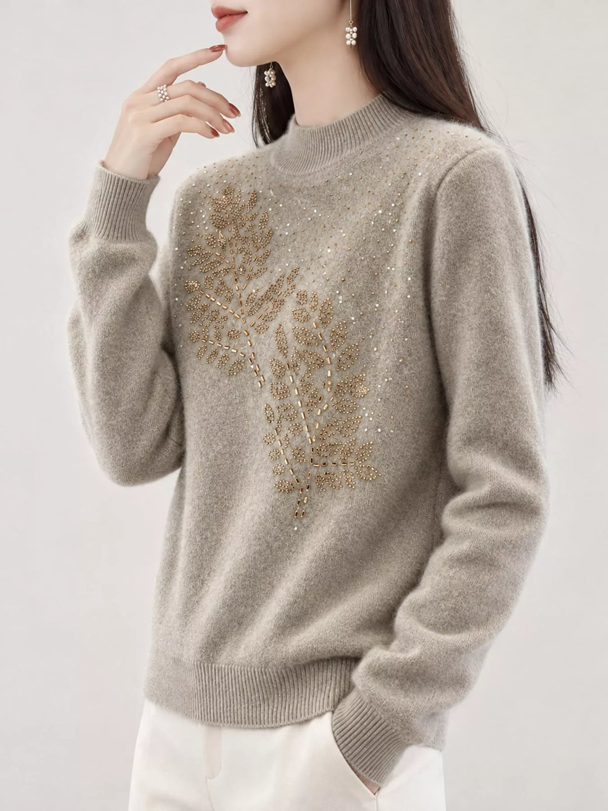 Rhinestone Leaf Mock Neck Sweater — front view