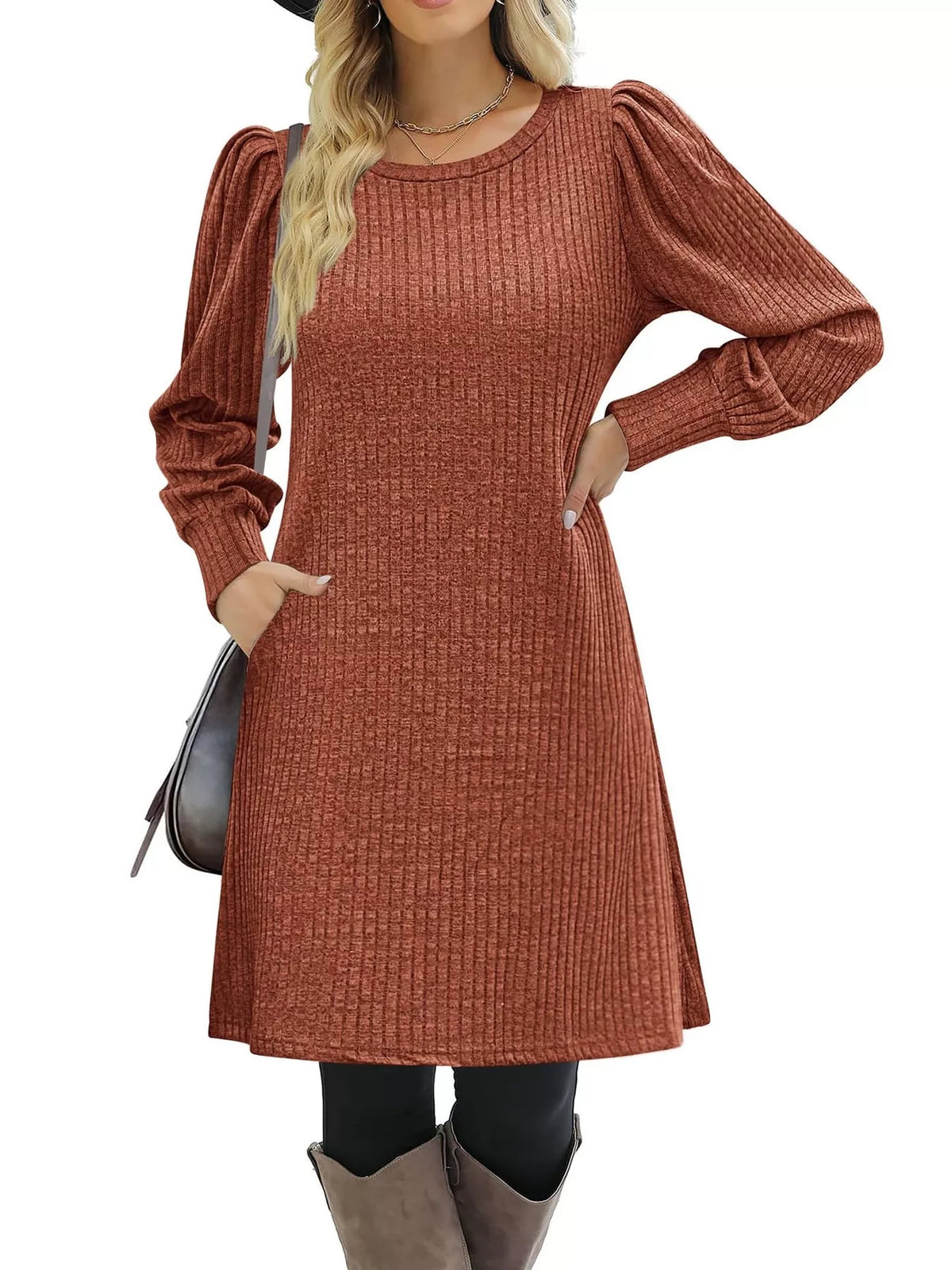 Ribbed puff-sleeve dress, rust front