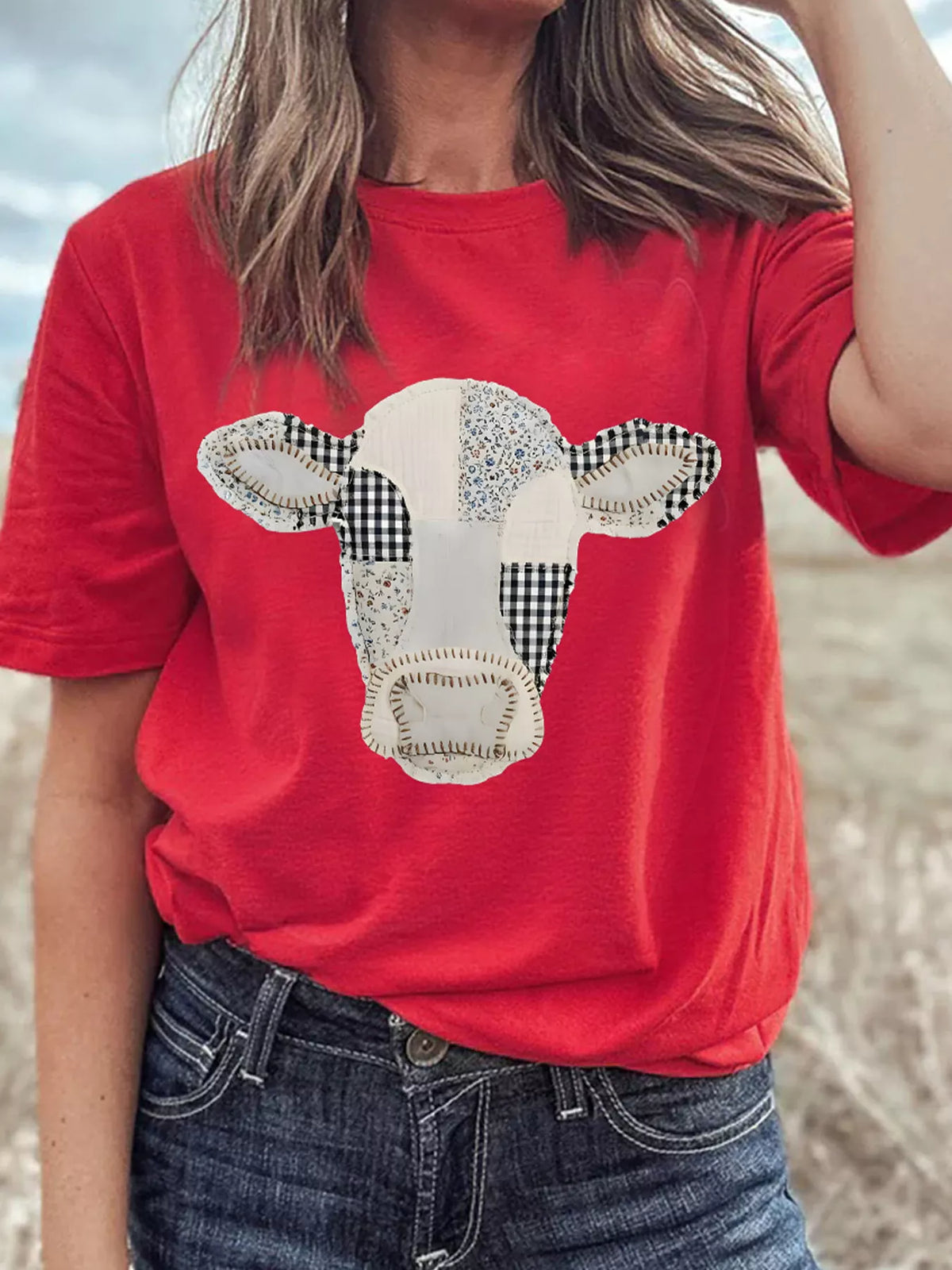 Trendsi Western Patchwork Cow Print Round Neck Casual T Shirt -