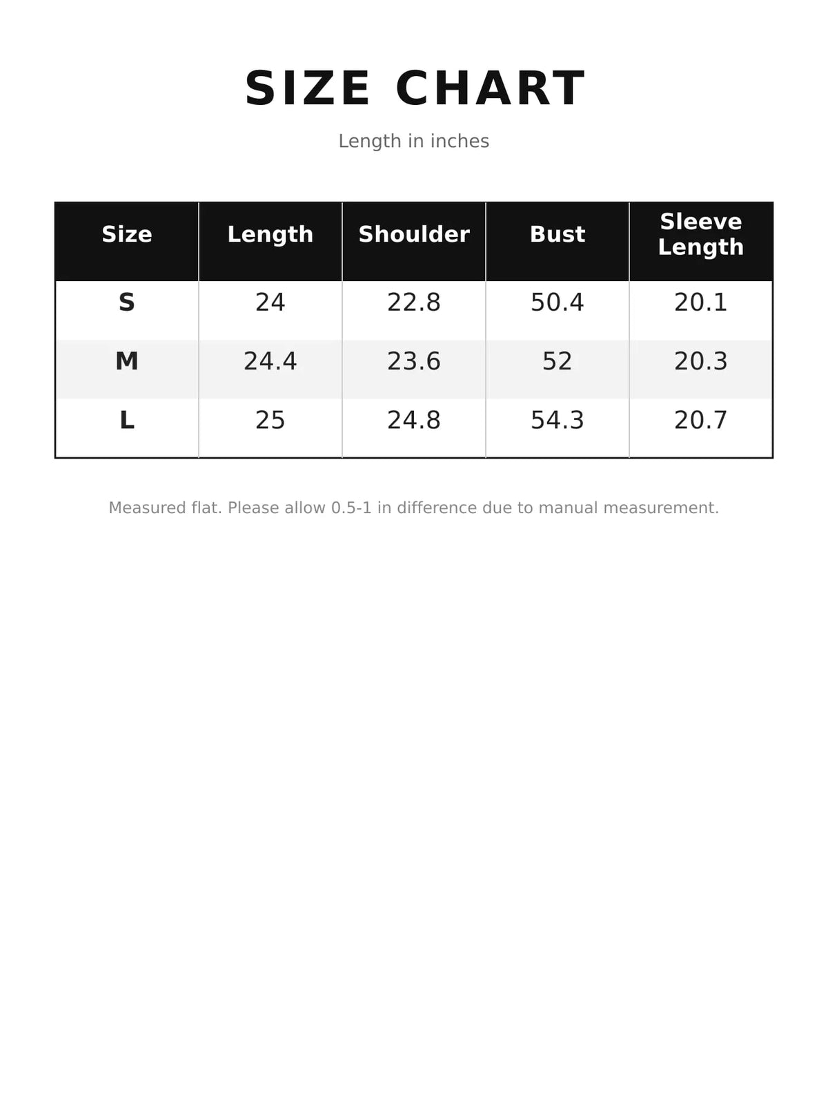Size chart for cropped zip jacket