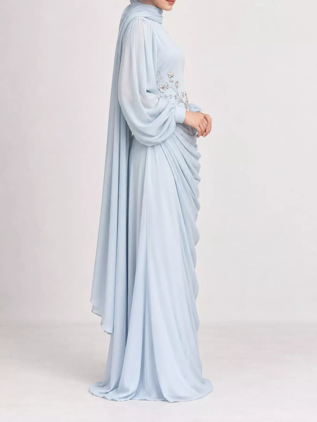 Light blue floral detail long sleeve maxi dress, side view