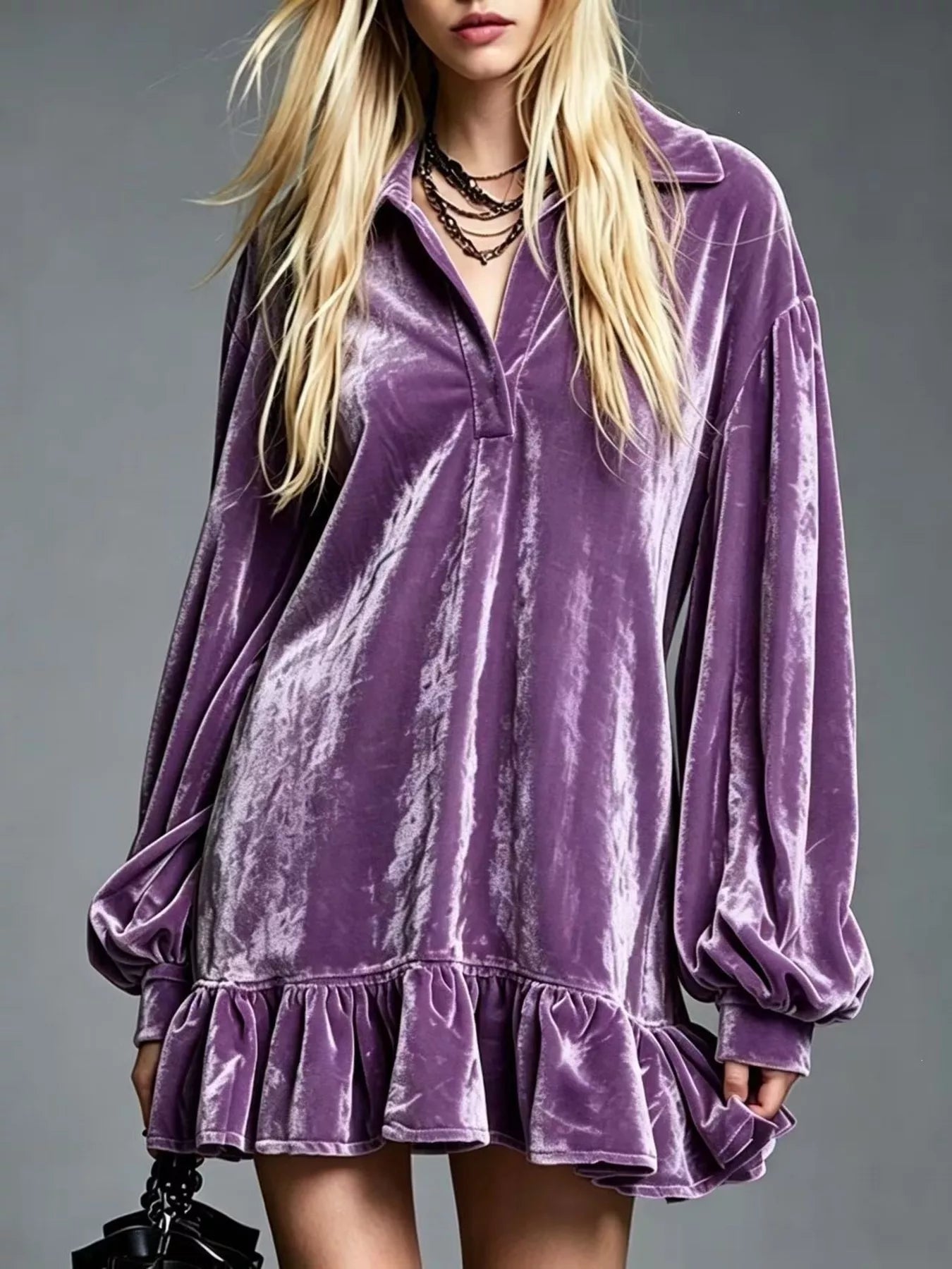 Trendsi Full Size Velvet Ruffled Hem Long Sleeve Dress Plus Size -