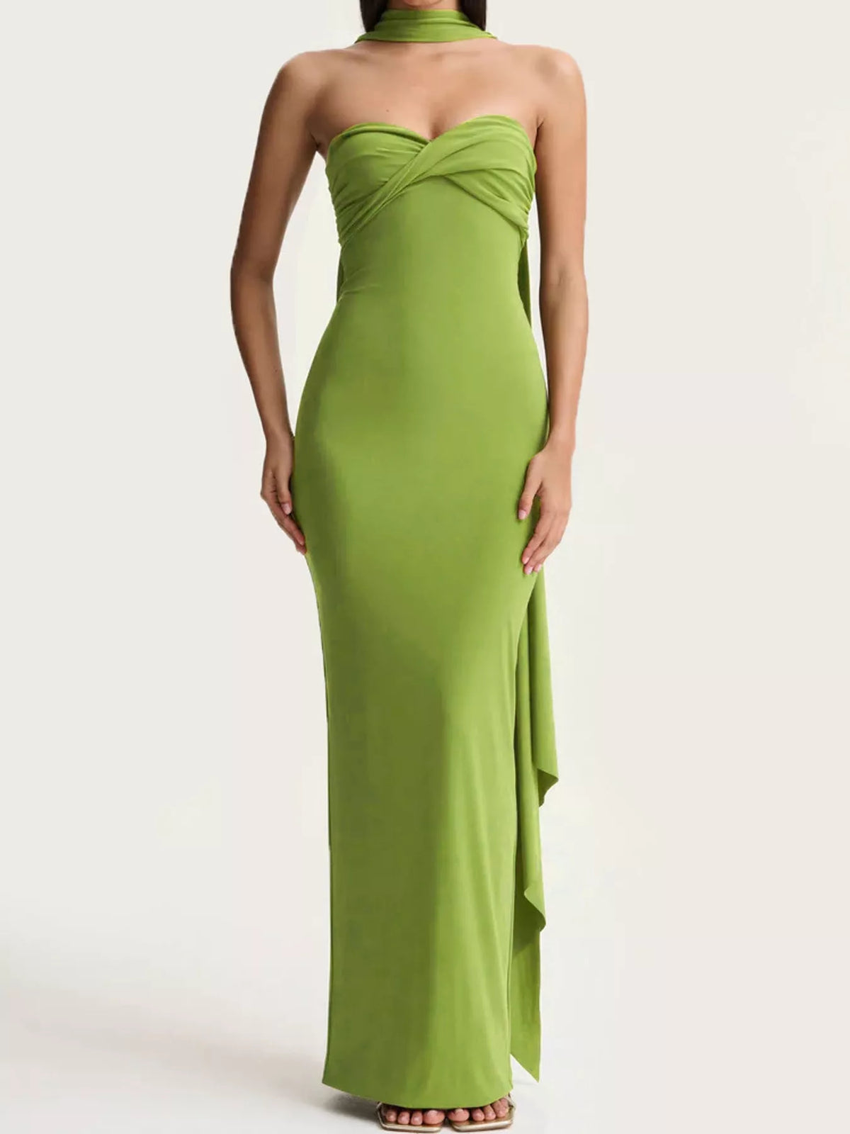 Green strapless ruched bodycon maxi dress with scarf, front view