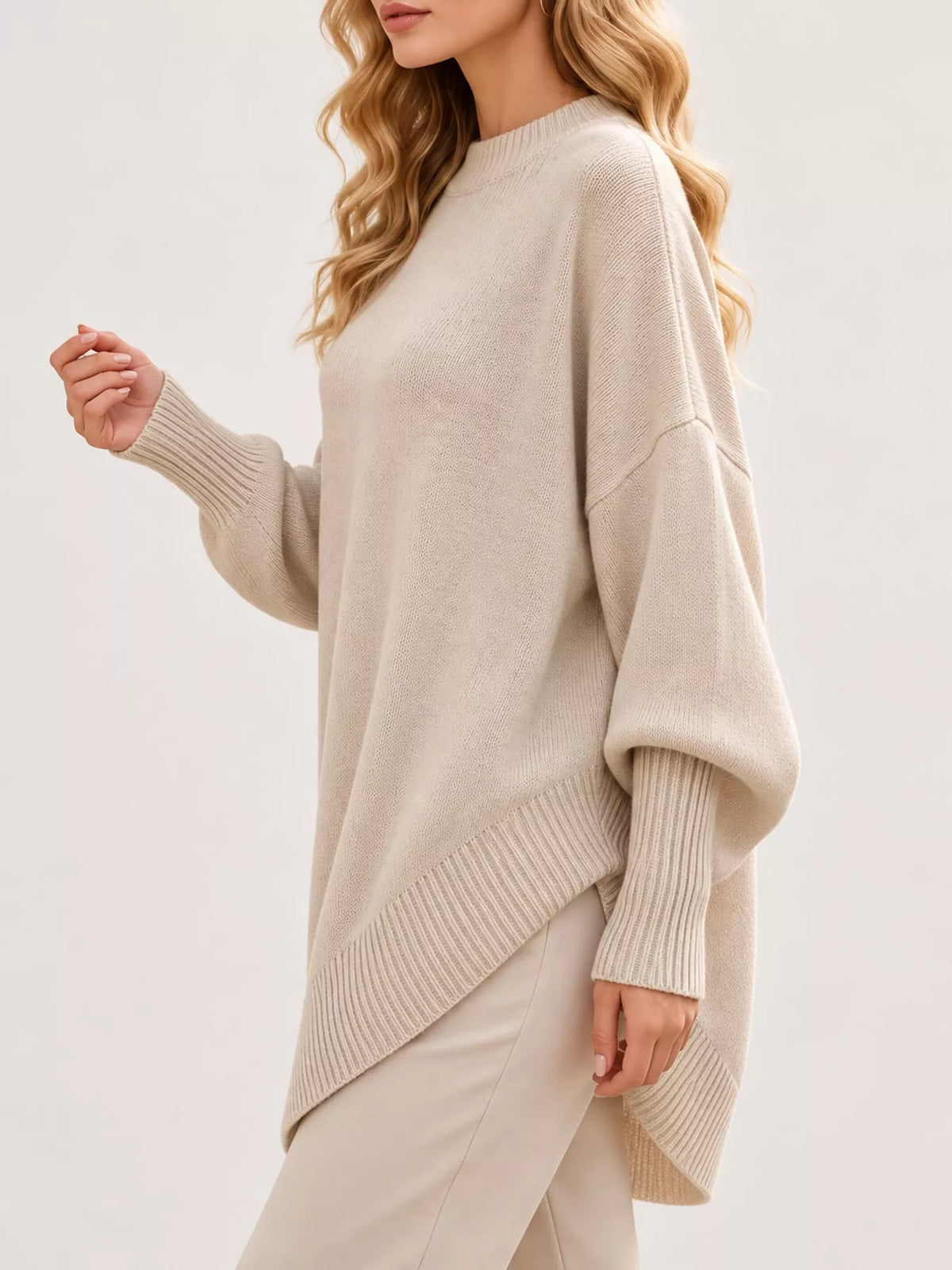 Ribbed Knit Dropped Shoulder Sweater in beige