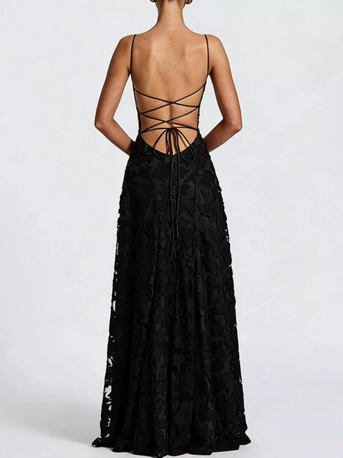 Cowl neck spaghetti-strap maxi dress, back view