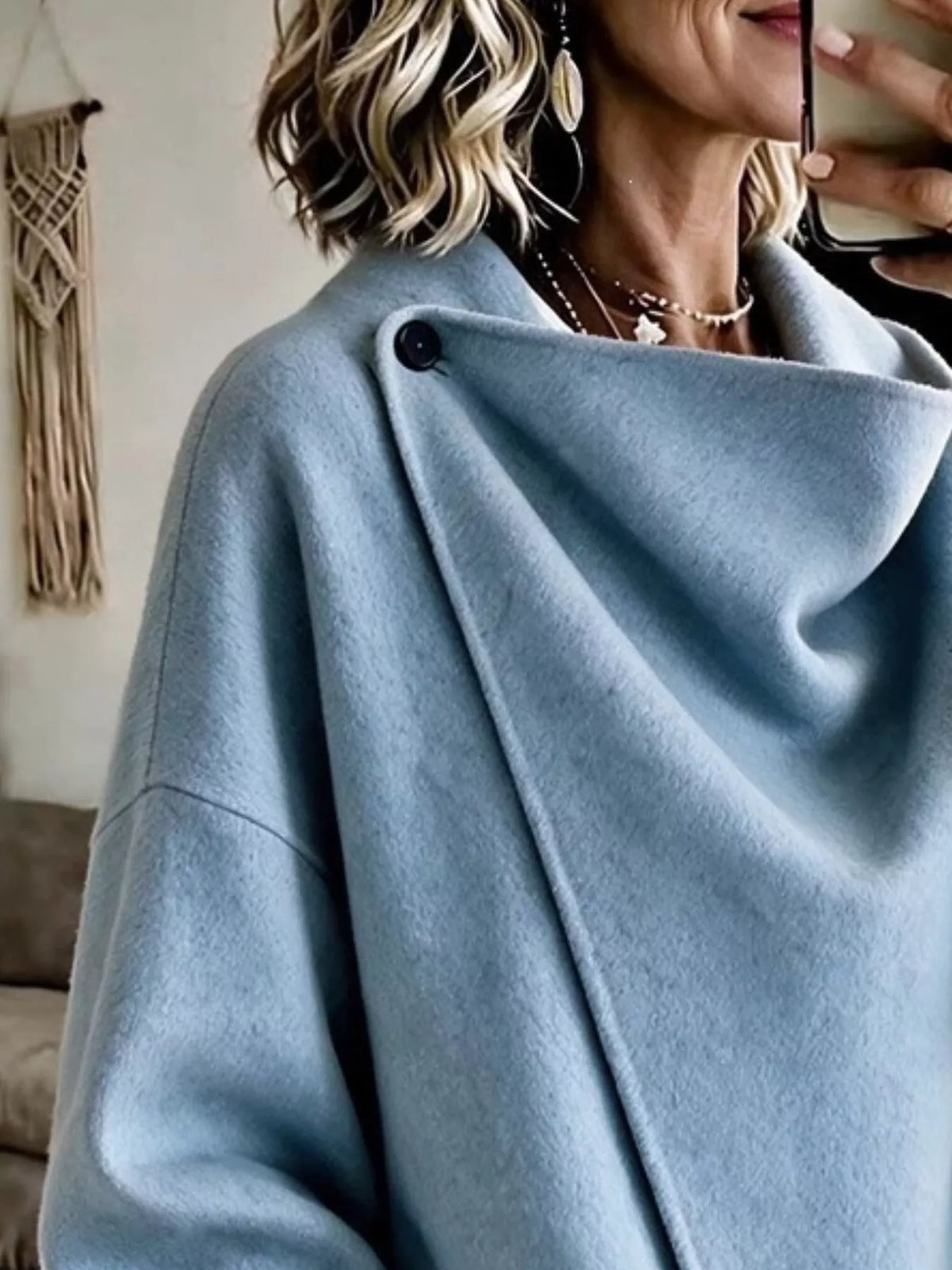 Blue asymmetric cowl neck cape-style jacket, cowl neckline and shoulder button