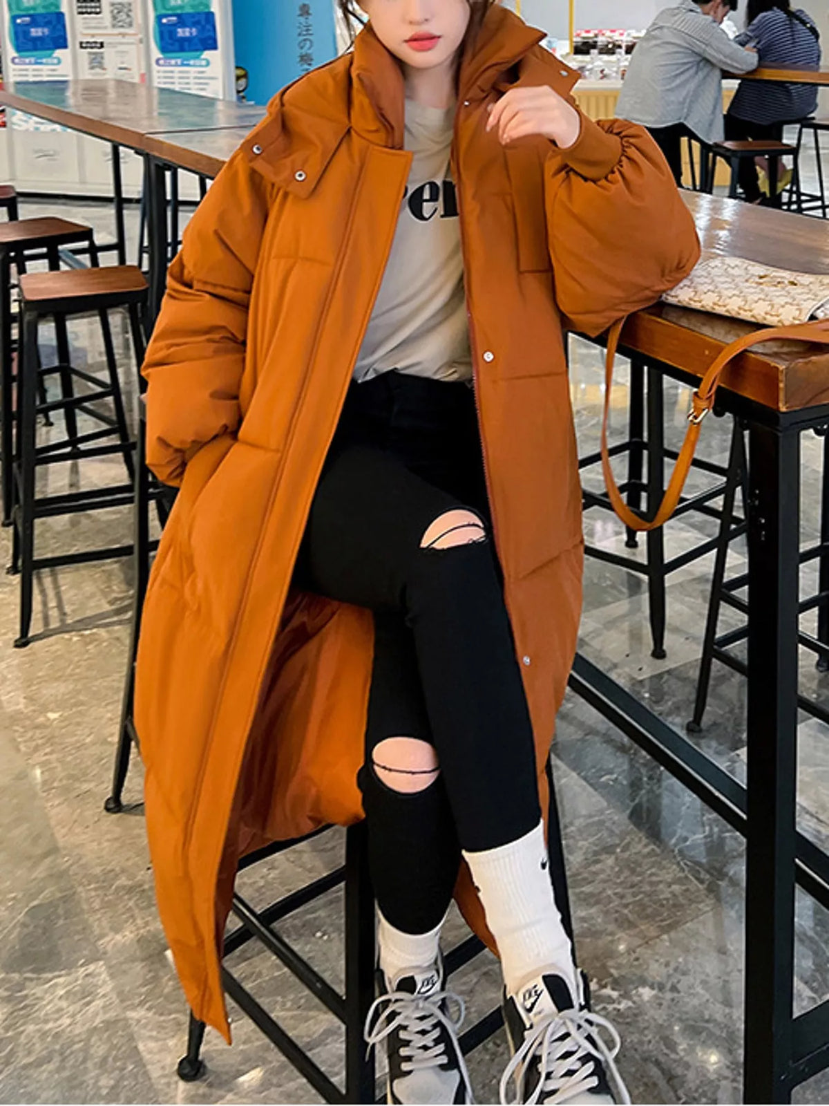 Longline puffer coat, orange open front