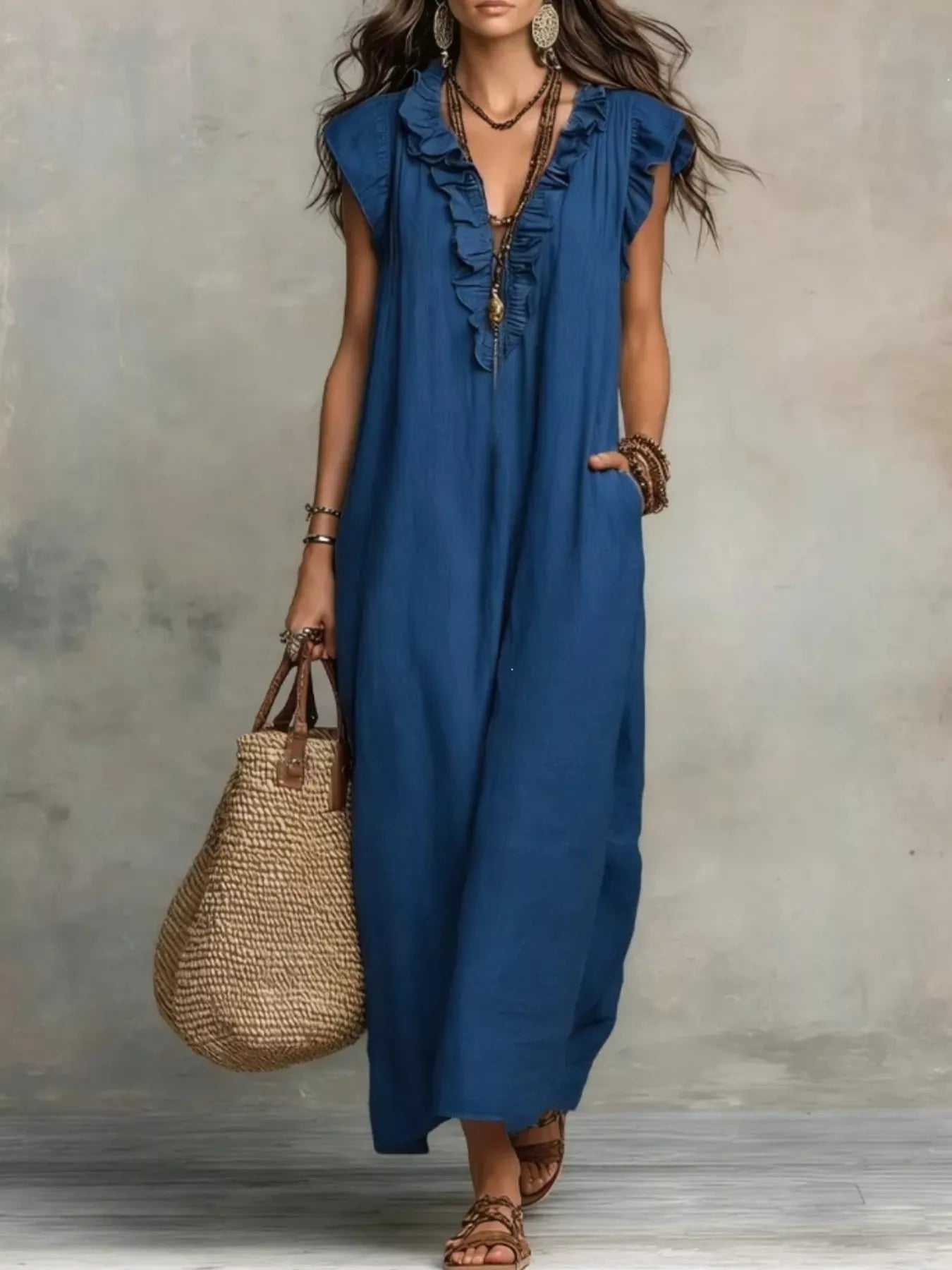 Trendsi Full Size Ruffled V-Neck Cap Sleeve Maxi Dress Plus Size -