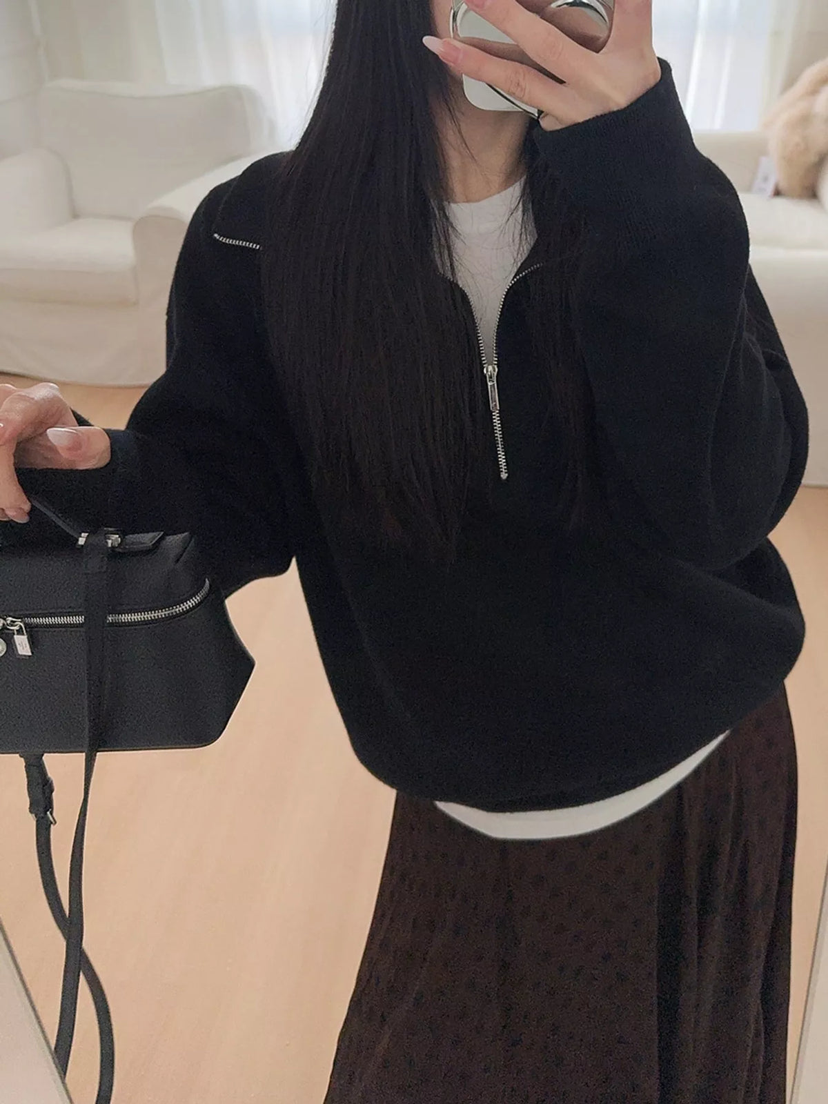 Women's Half-Zip Dropped Shoulder Sweater in black — front view