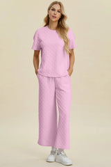 Trendsi Double Take Full Size Texture Round Neck Short Sleeve Top and Pants Set -