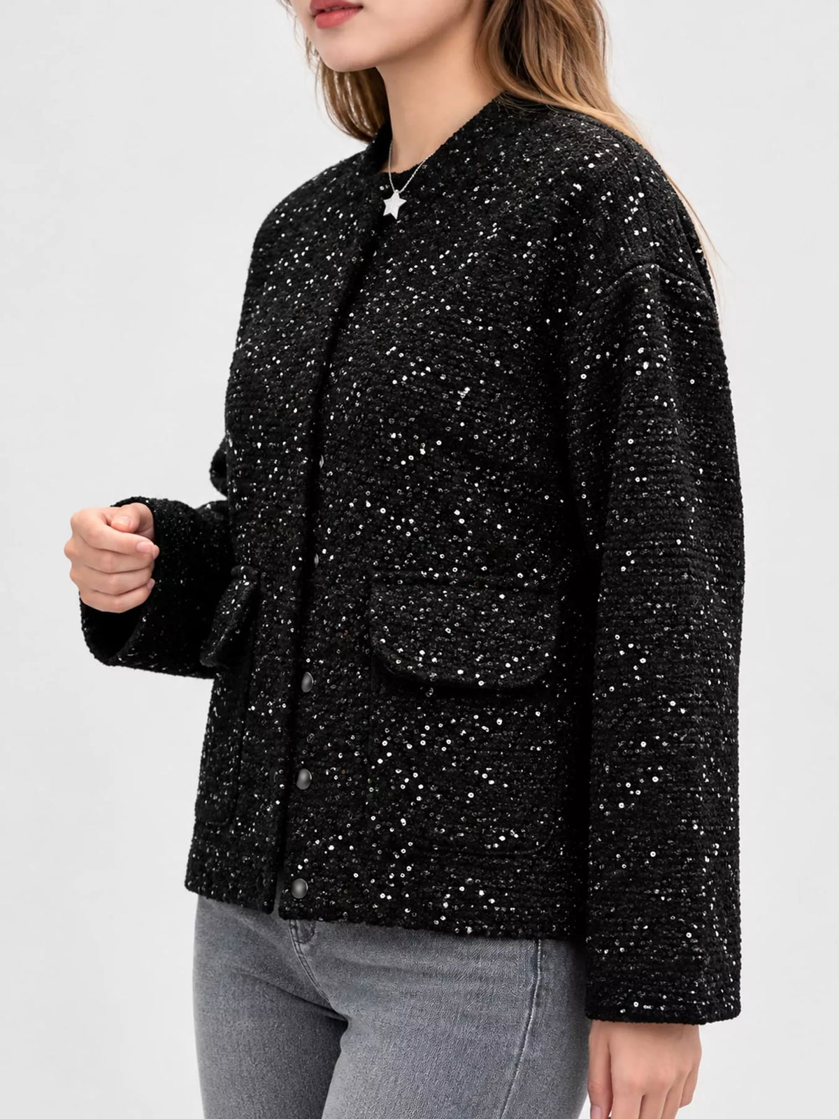 Black tweed textured long sleeve jacket — side view