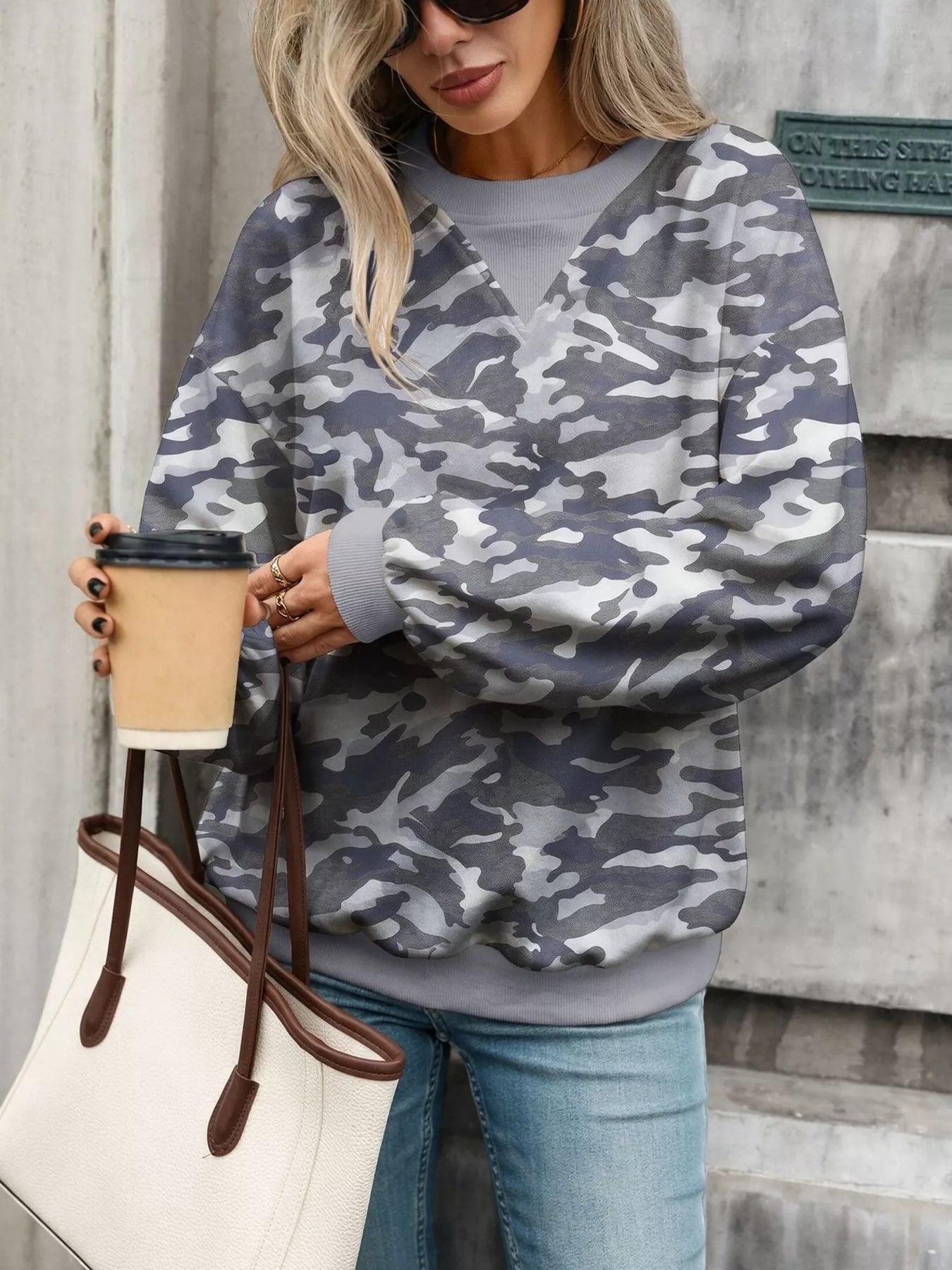 Trendsi Leaf Print Sweatshirt with Contrasting Trim -