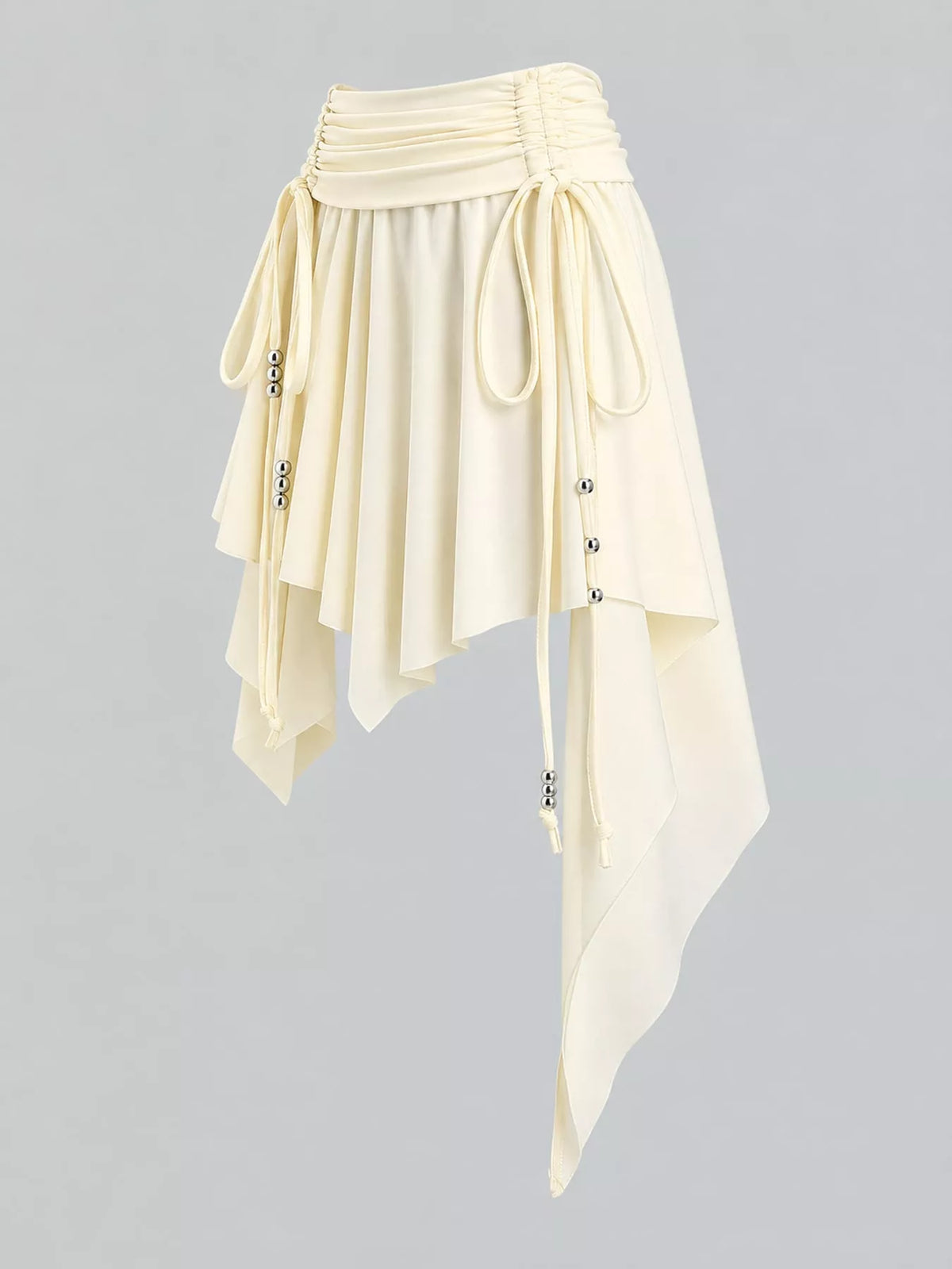 Ruched Asymmetrical Drawstring Mini Skirt in cream
