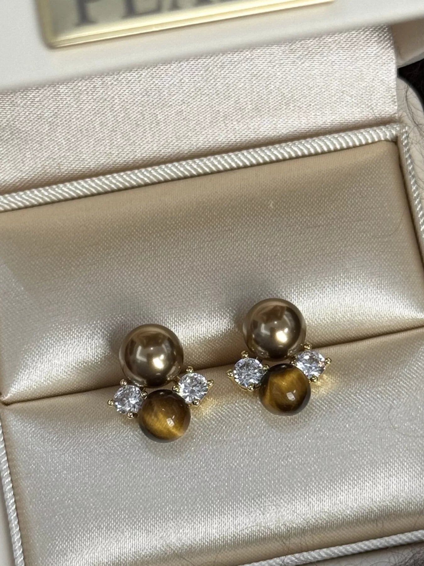 Women's Tiger Eye Pearl Cubic Zirconia Stud Earrings Sterling Silver