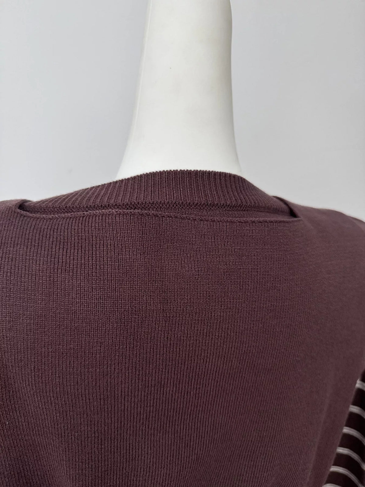 Striped crewneck sweater with layered tie detail in brown, back neckline detail