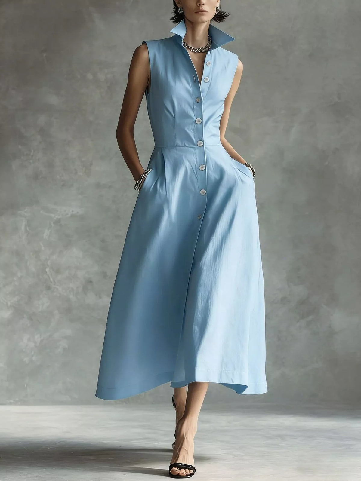 Blue button-down midi shirt dress