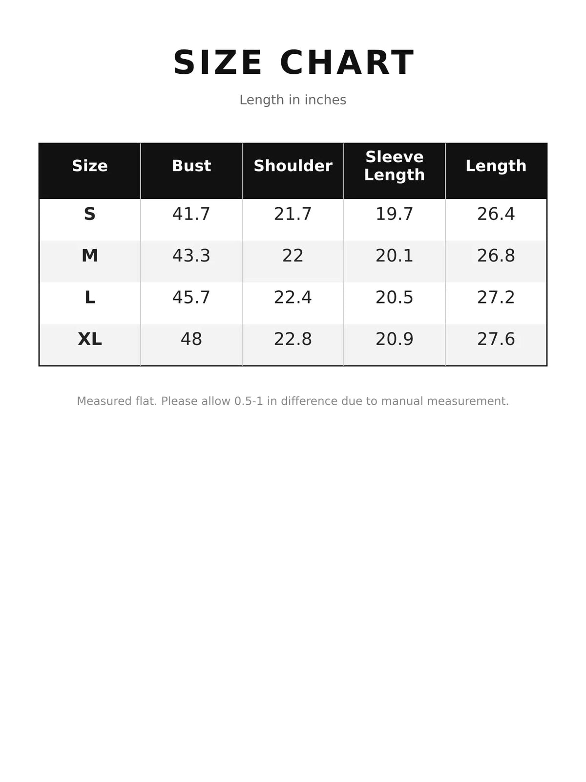 Size chart for button up long sleeve denim jacket