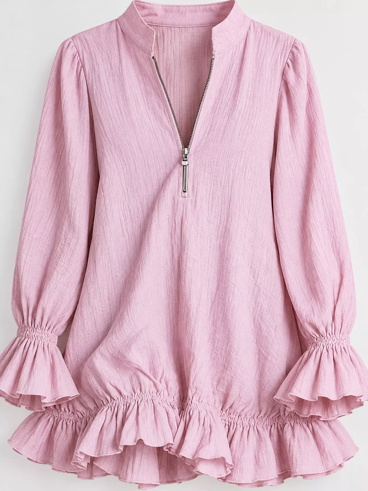 Ruffled-hem mini dress, pink ruffled cuff and hem
