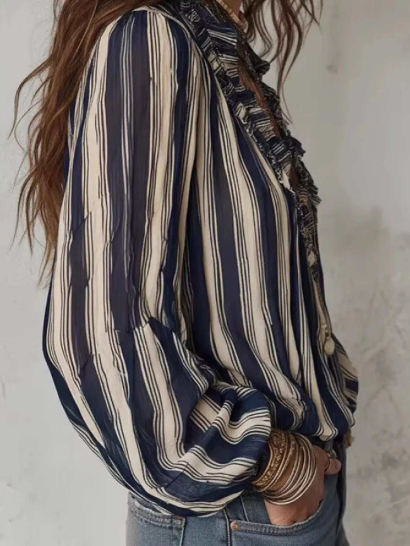 Trendsi Striped Balloon Sleeve Blouse -