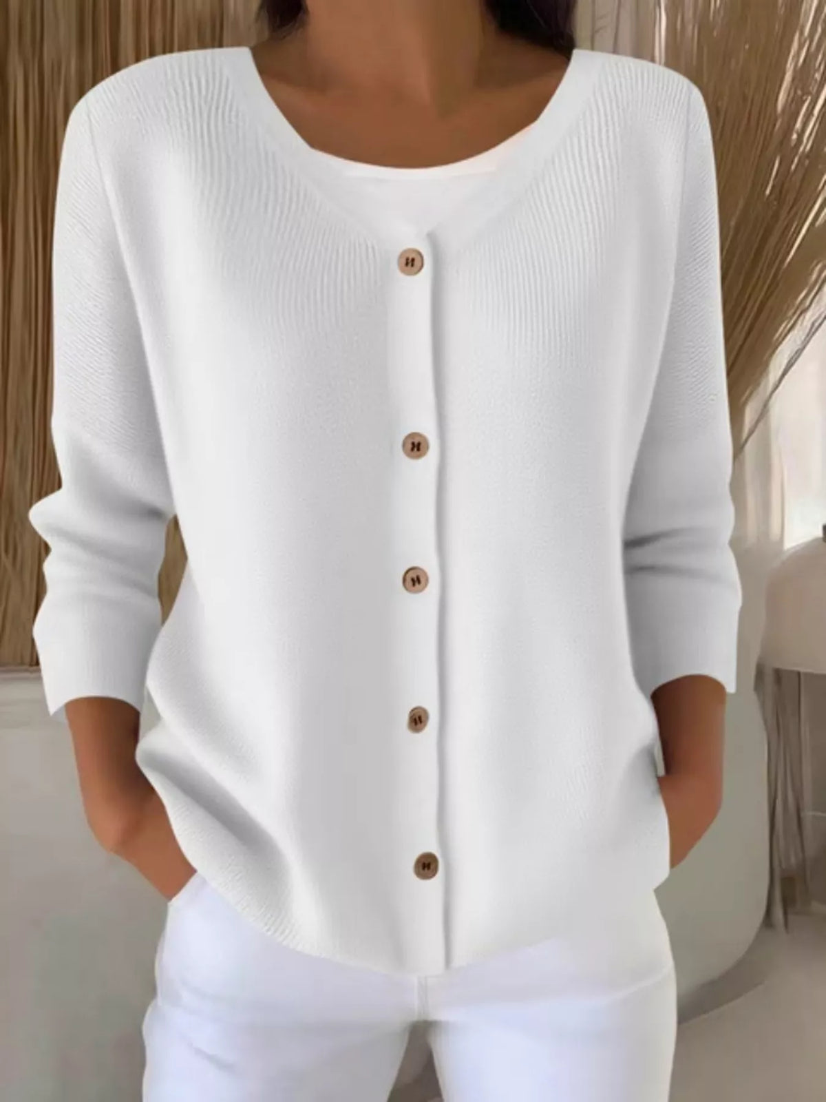 White ribbed button-front cardigan, front view