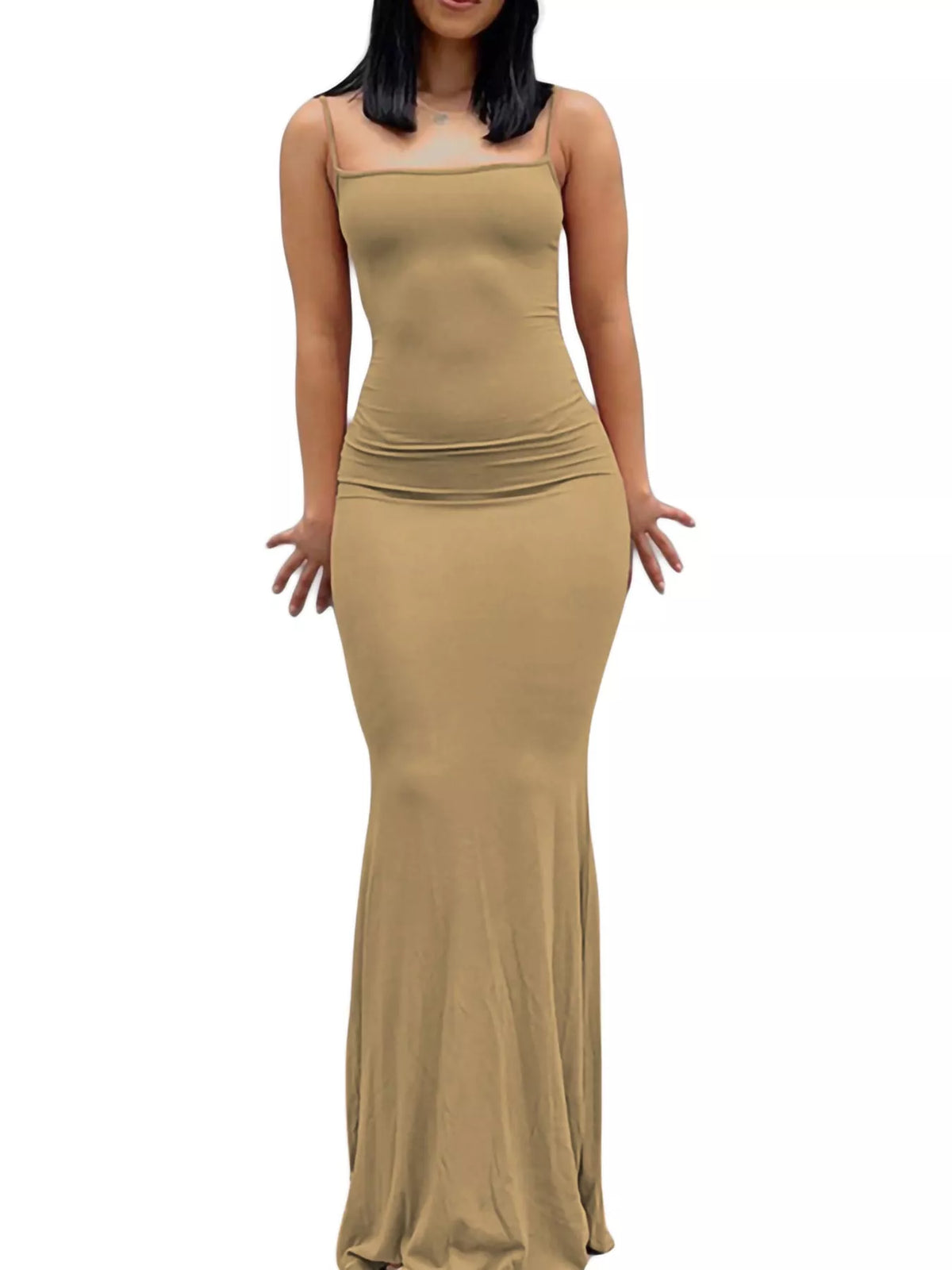 Khaki bodycon spaghetti strap maxi dress, front view