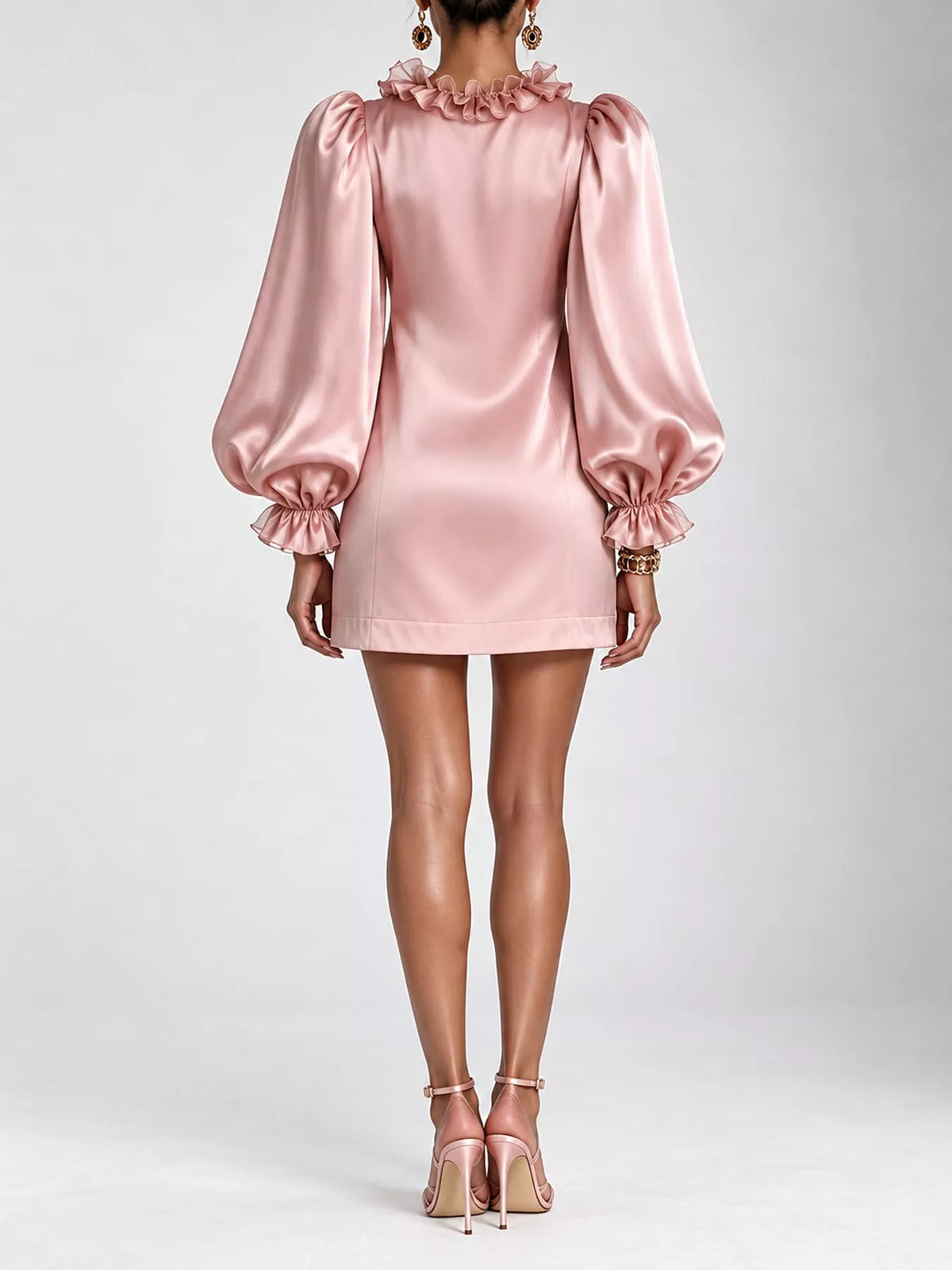 Ruffle Trim Puff Sleeve Mini Dress in pink, back view
