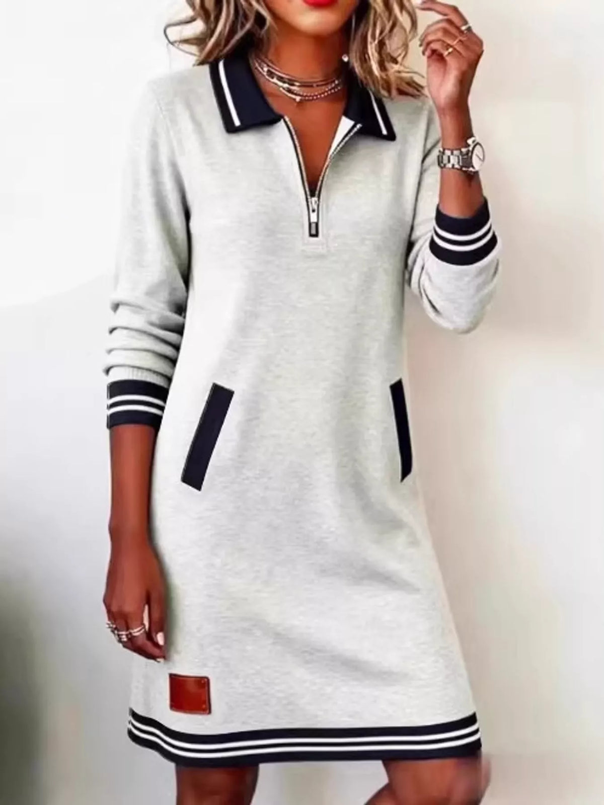 Gray zip-up polo collar knit dress