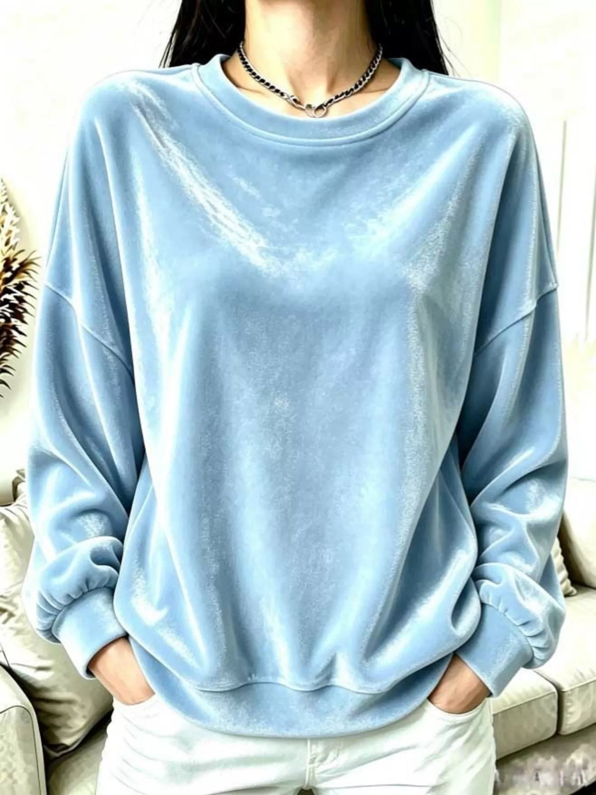 Women's Velvet Dropped Shoulder Sweatshirt in light blue — front view