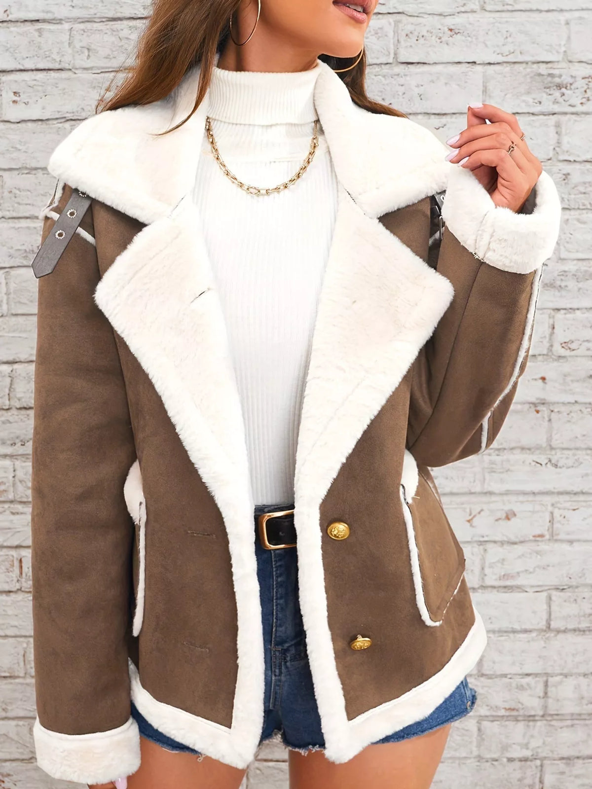 Brown plush-lined button-front jacket — front view