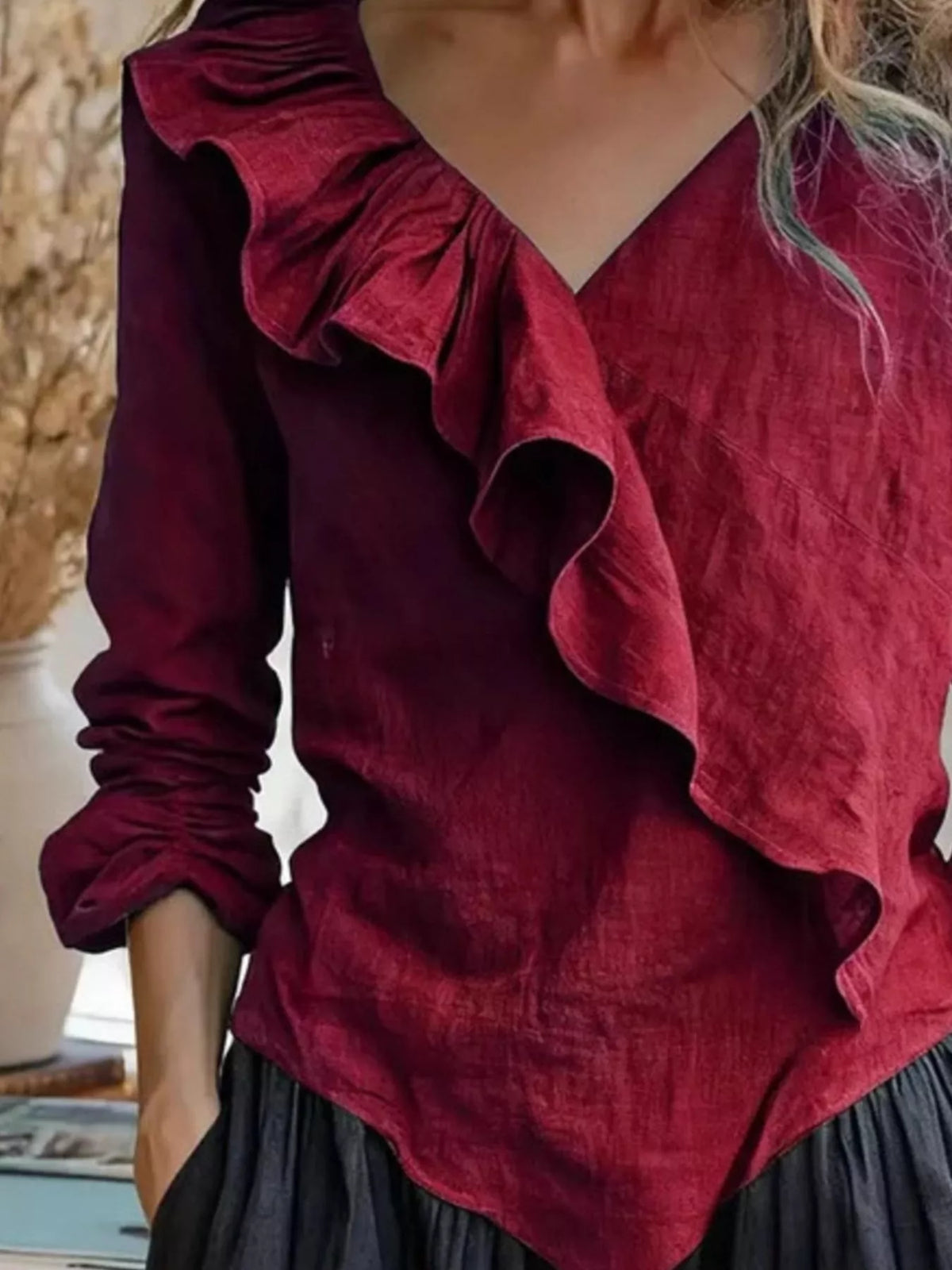 Trendsi V-Neck Ruffled Long Sleeve Blouse -