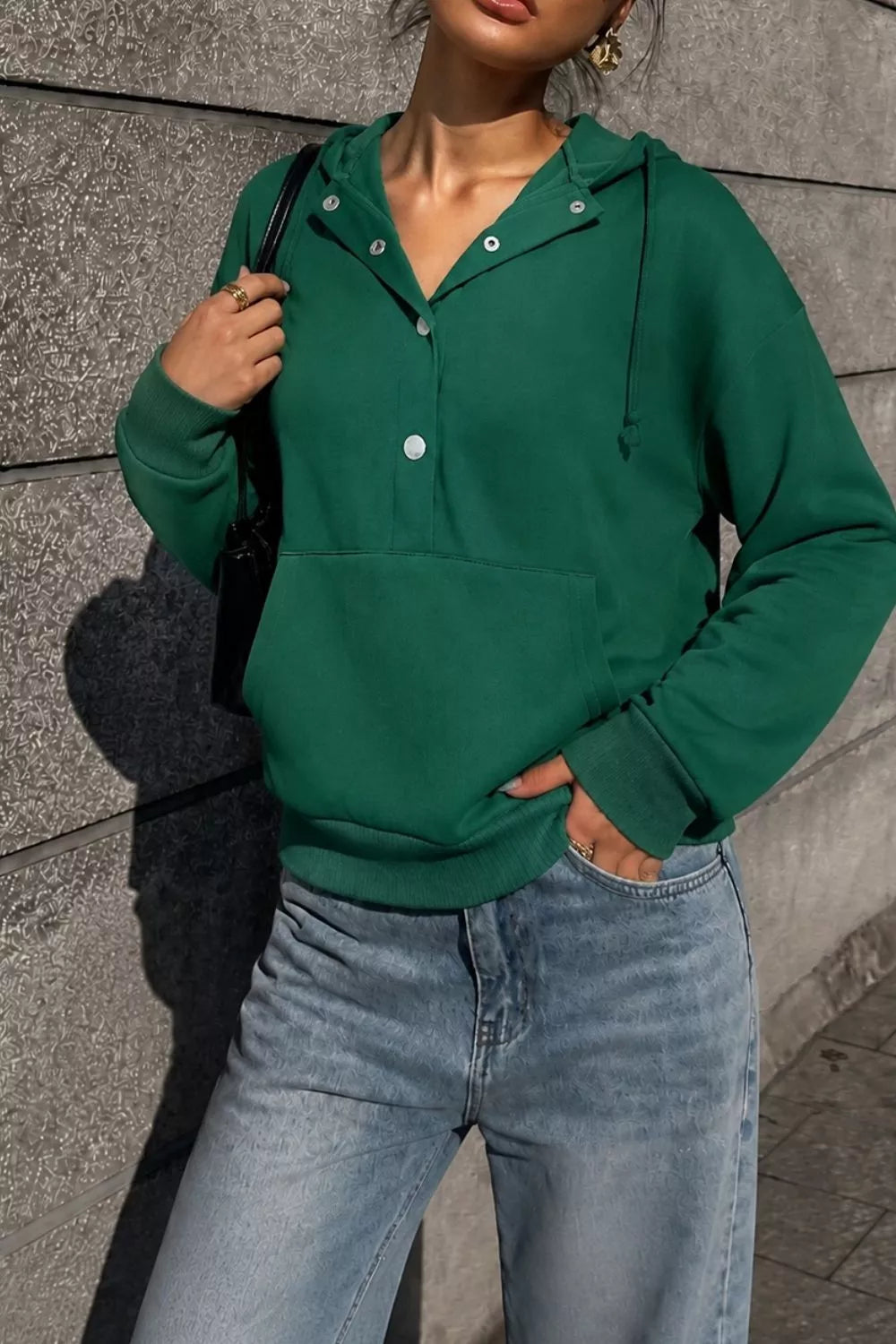 Women's Half Snap Kangaroo Pocket Hoodie in Dark Green, alternate view