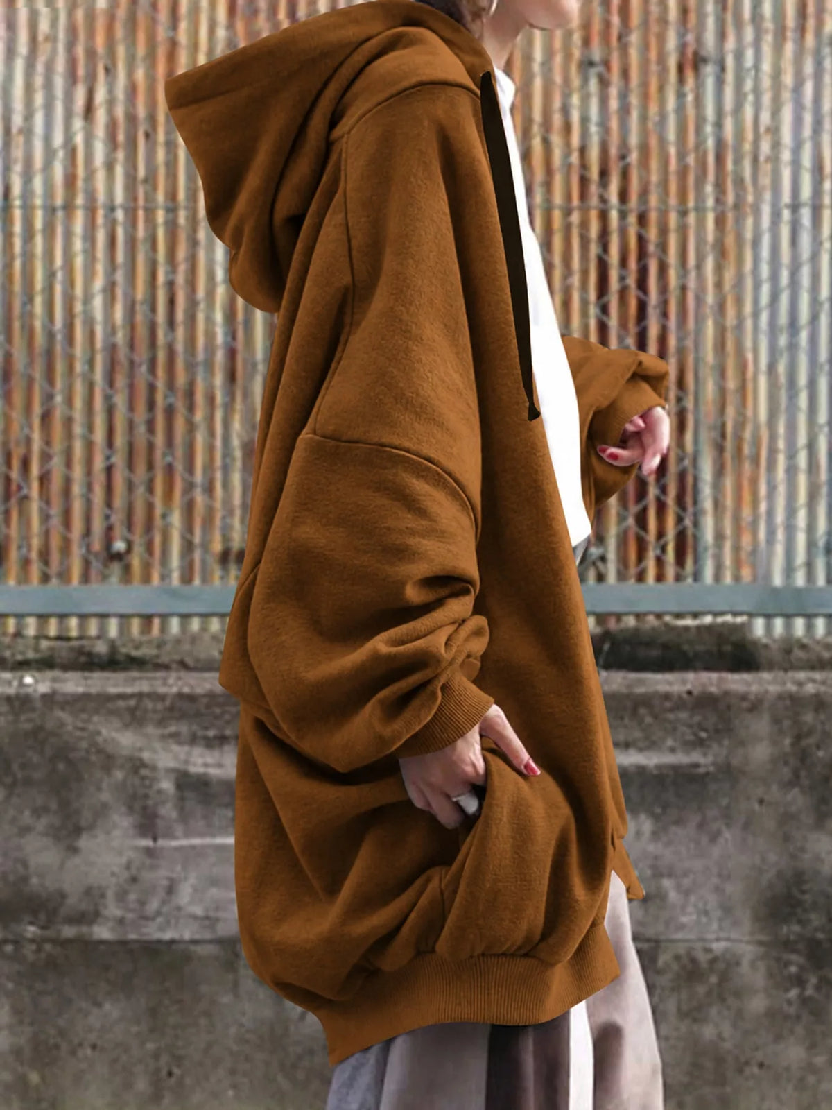 Coffee drawstring zip-up oversized hoodie
