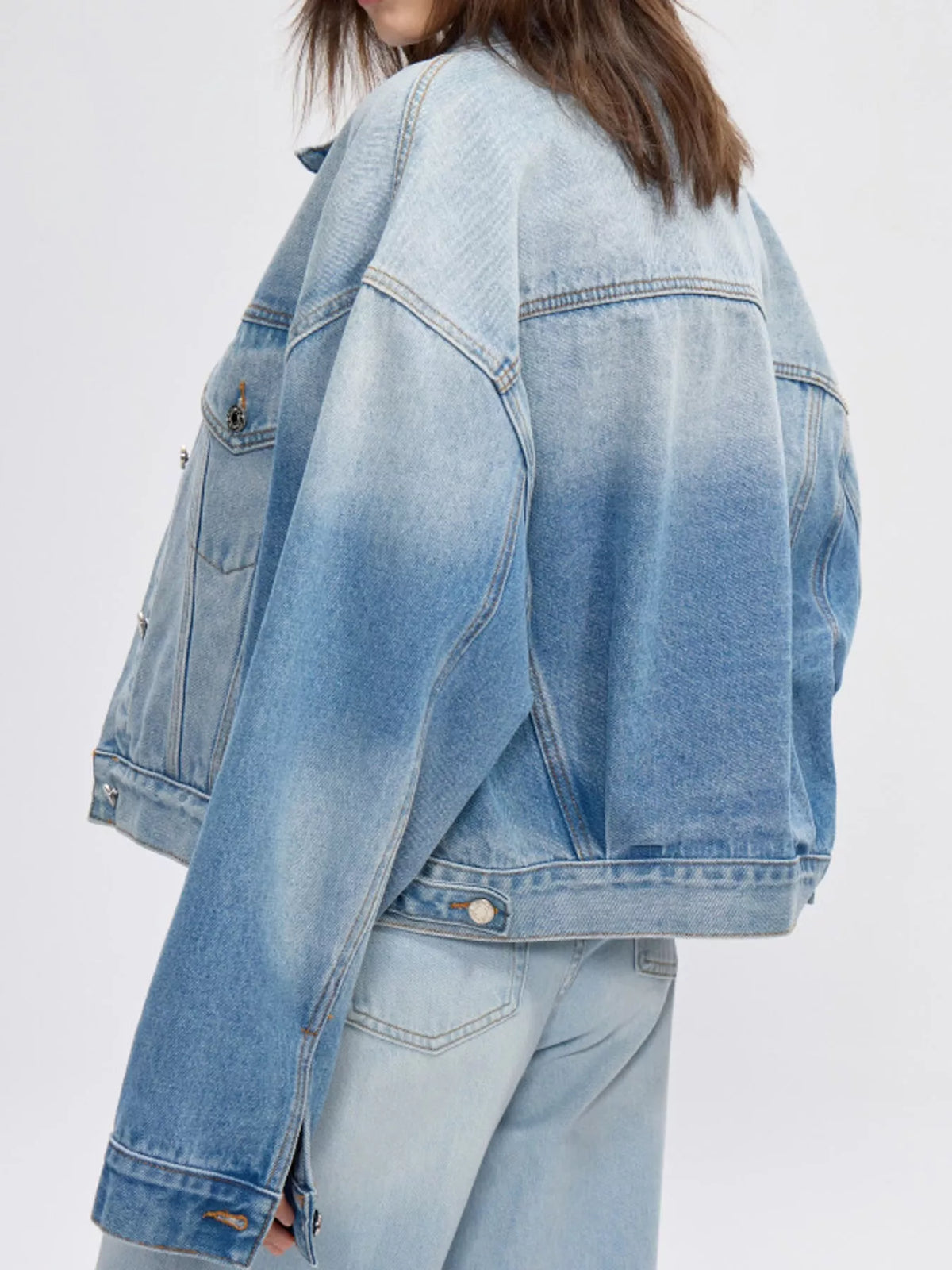 Drop-shoulder denim jacket, light blue back