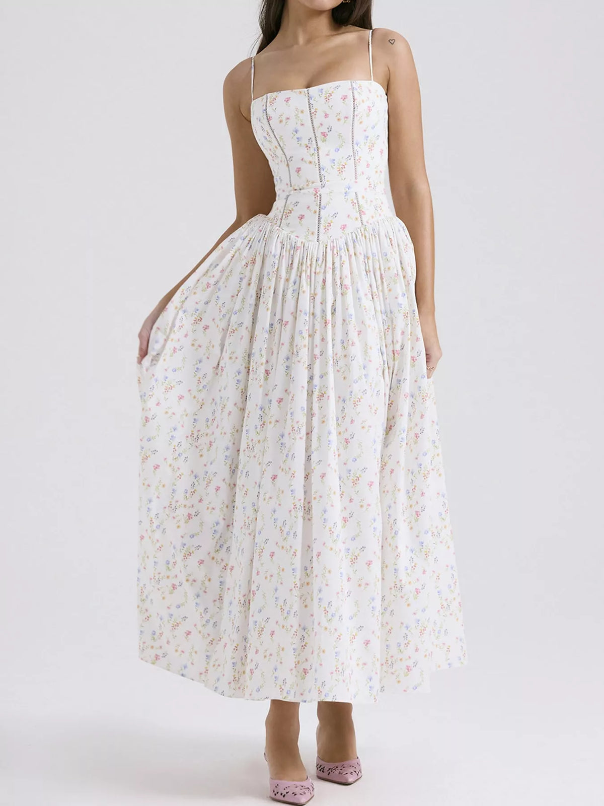 Women's Paneled Bodice Gathered Midi Dress in small floral — front view