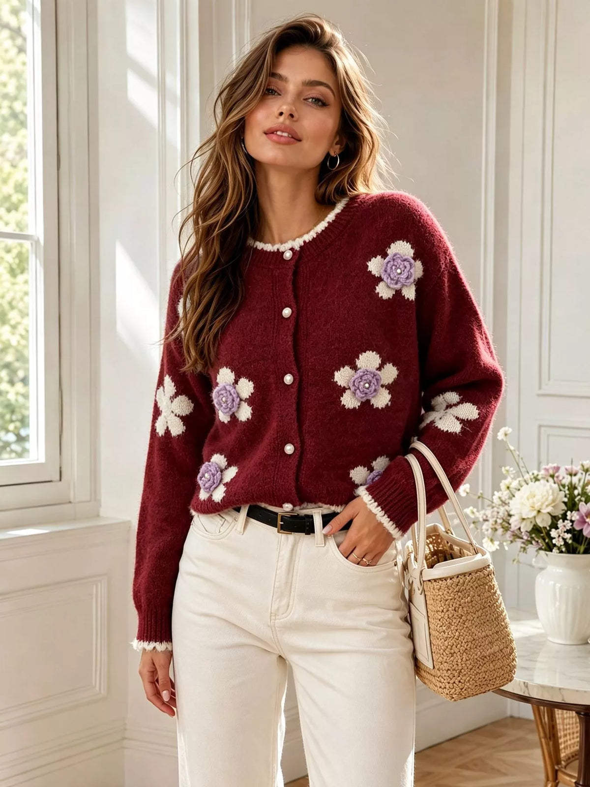 Floral-applique knit cardigan in burgundy, front view indoors