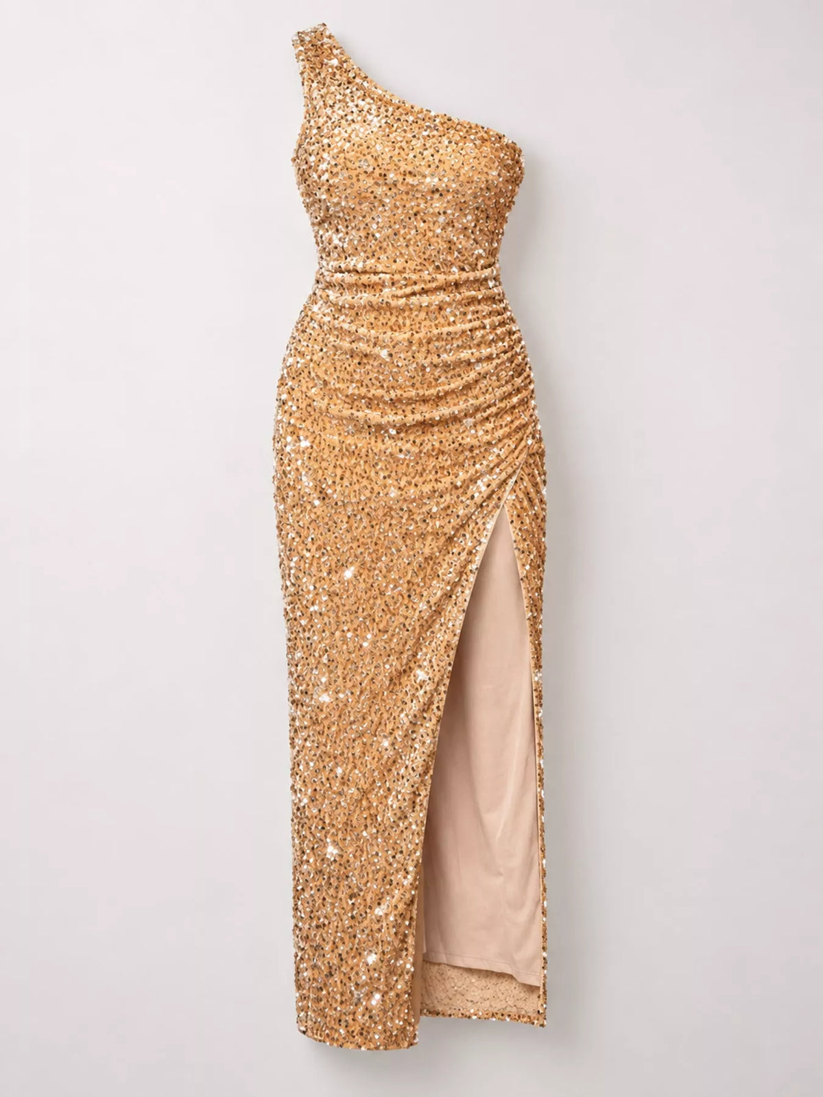 Sequin maxi dress, gold flat lay