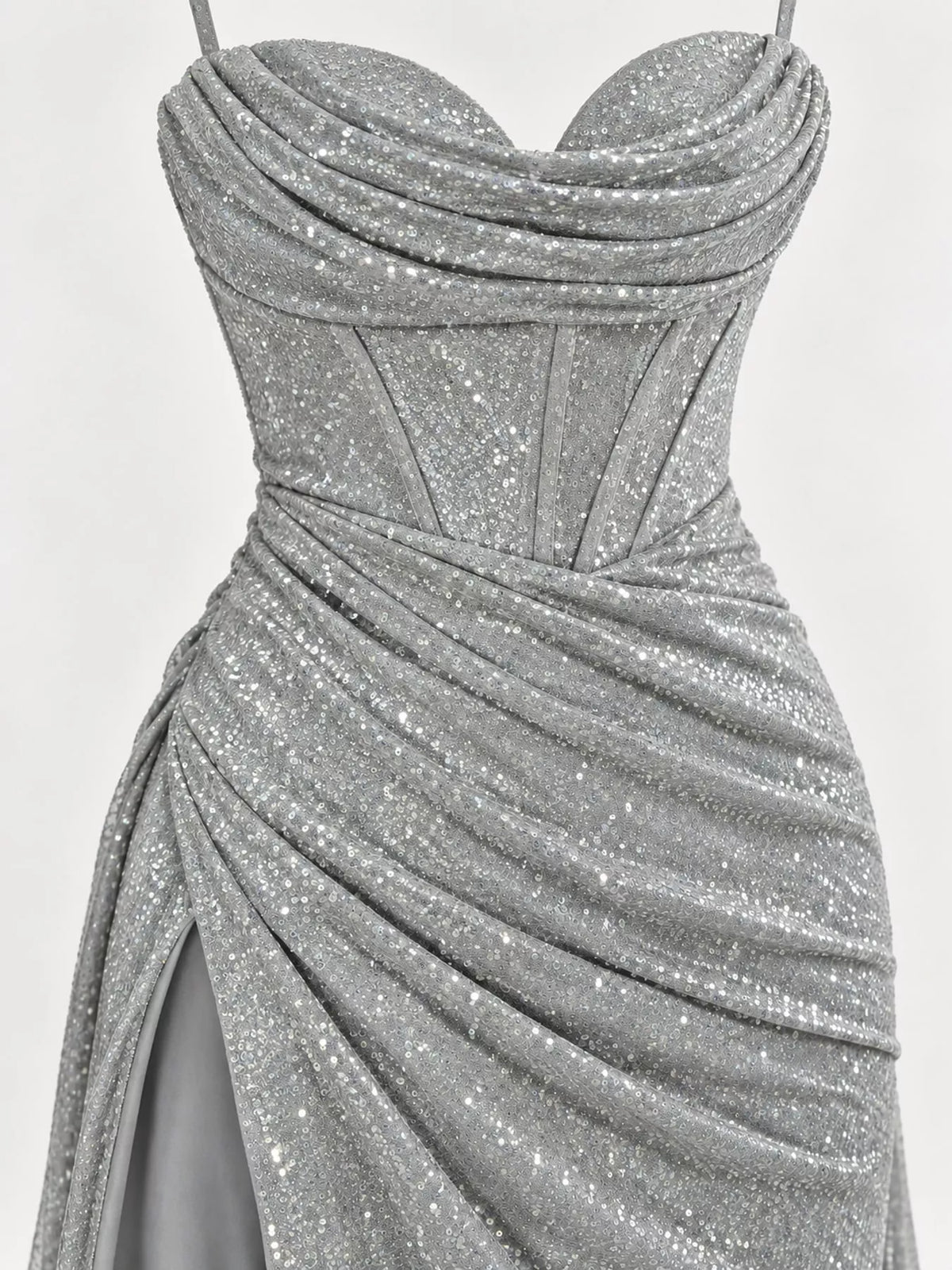 Silver high-slit glitter maxi evening dress — design and construction details