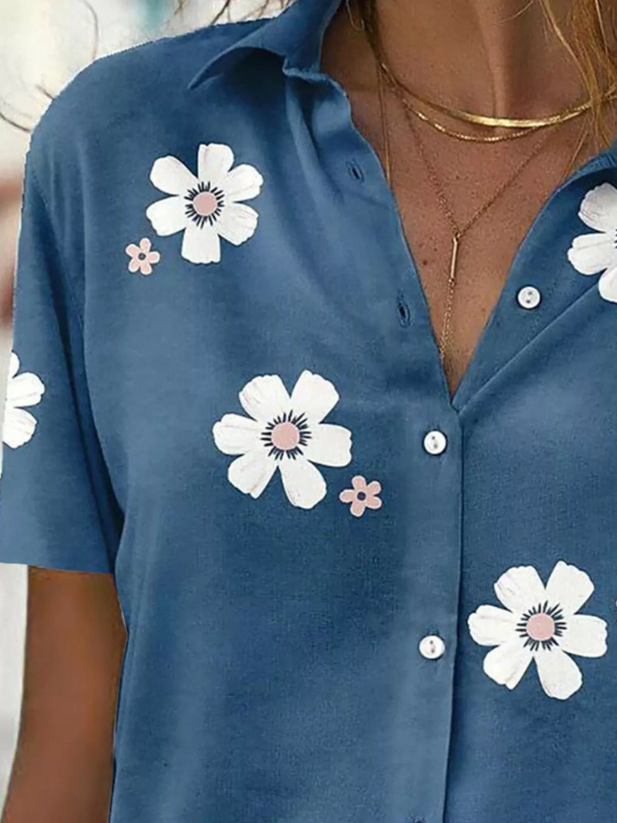 Peacock Blue Floral Print Button-Down Casual Shirt alternate view