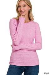 Trendsi Zenana Ribbed Long Sleeve Round Neck T-Shirt -