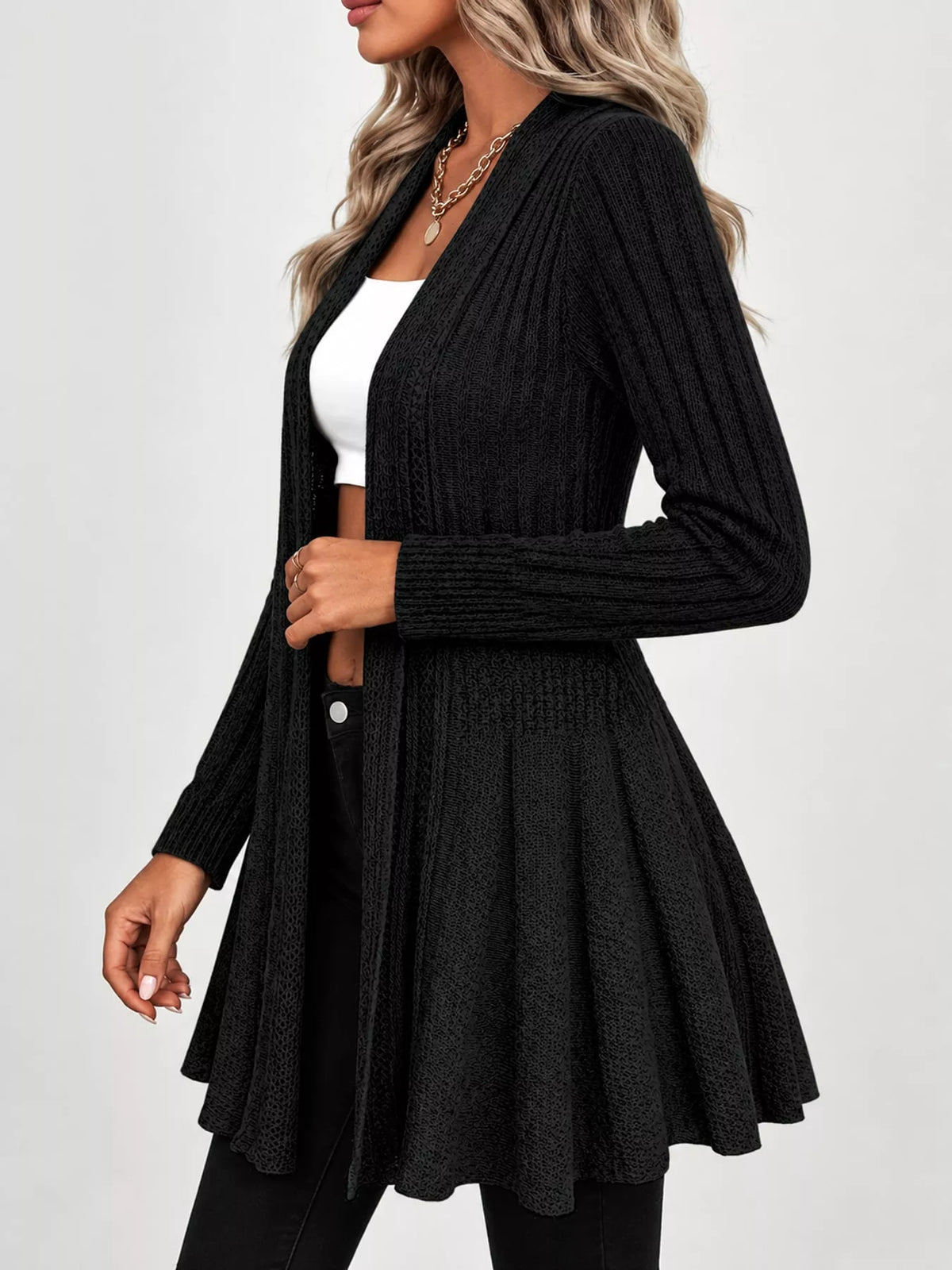 Black ribbed knit open front flared cardigan