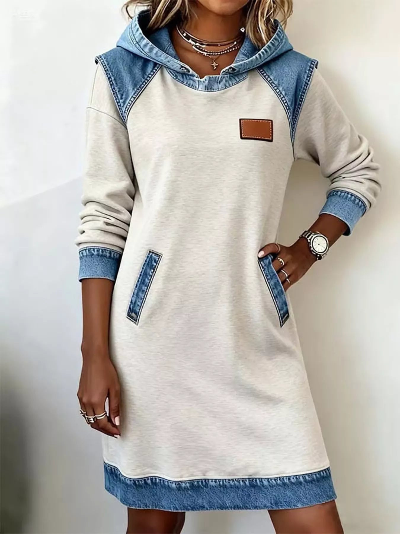 Trendsi Full Size Denim Patchwork Hooded Sweatshirt Dress Plus Size -