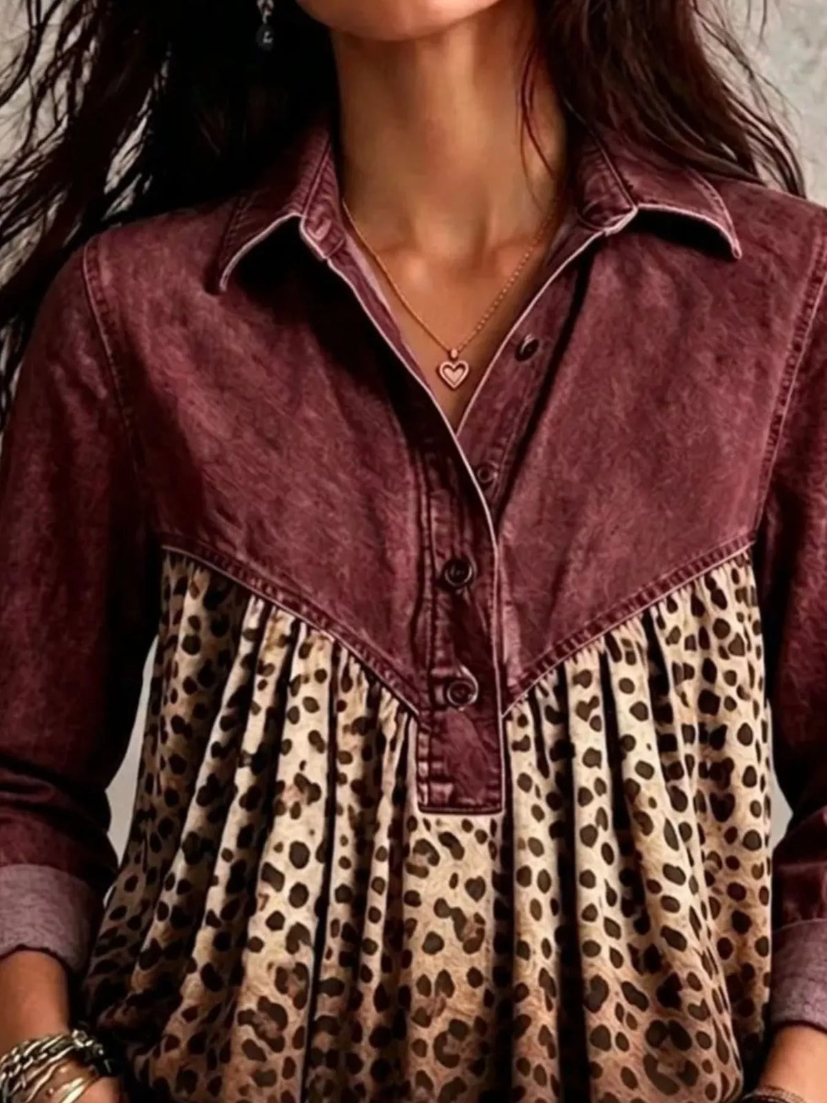 Burgundy leopard-panel button-front blouse, neckline close-up