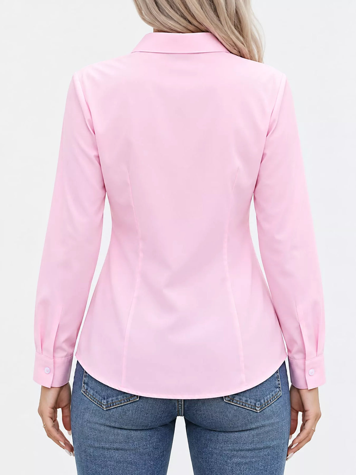 Pink button-down long sleeve shirt, back view