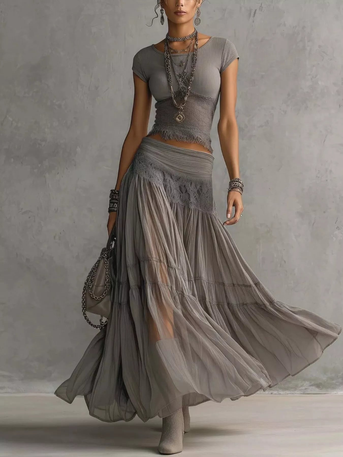 Trendsi Lace Slim Fit Top and Maxi Skirt Set -